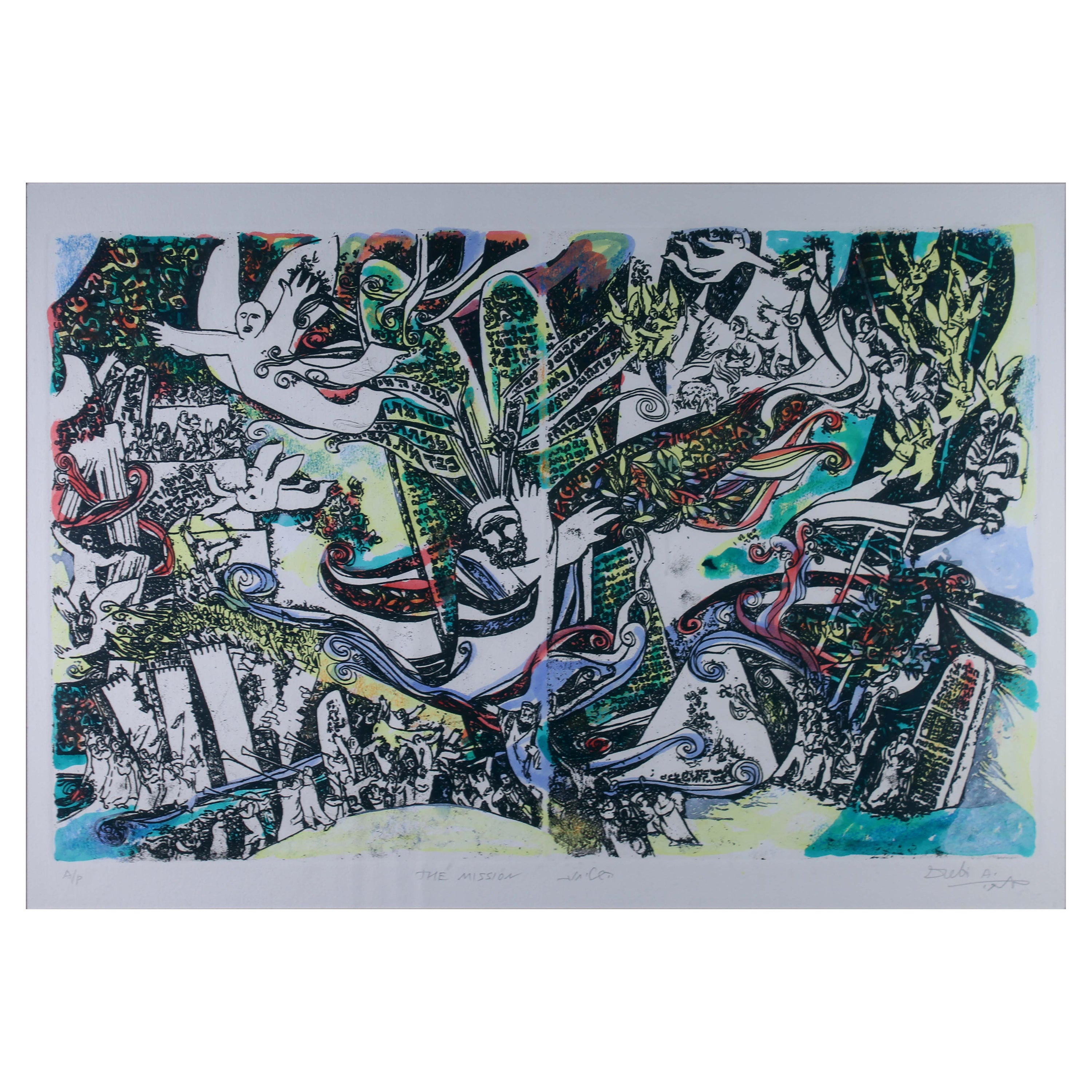 Arie Dubi the Mission Moses Signiert Contemporary Judaica Lithographie AP Gerahmt