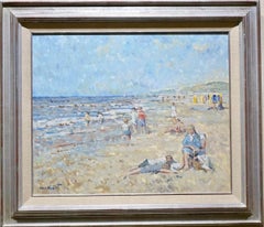 Antique Dutch post impressionist painting - Children playing on the beach - Sea