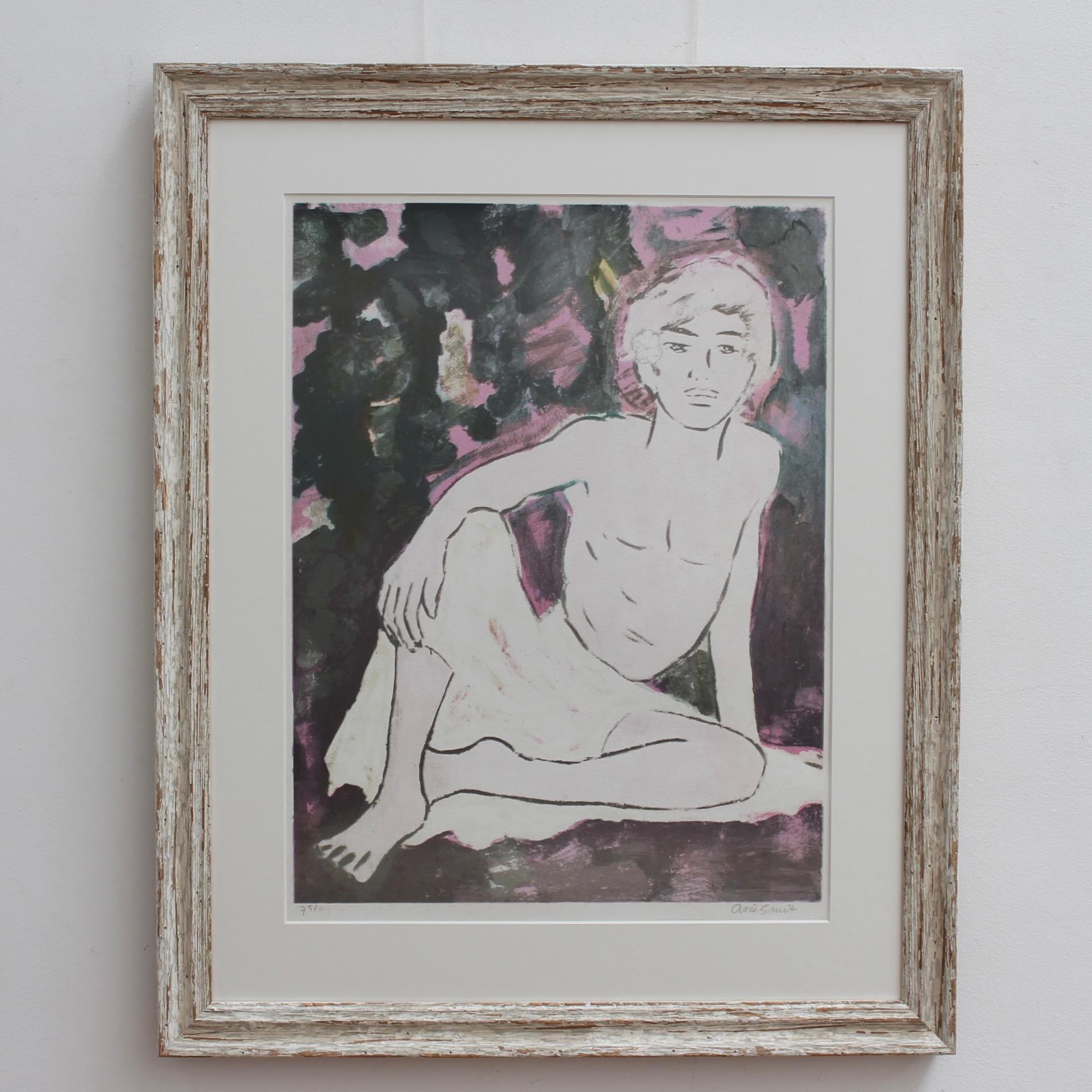 'Balinese Boy', original signed lithograph, by Arie Smit (circa 1980s). Young Balinese men feature heavily in the oeuvre of the artist. In this case, it appears the artist sketched the young man simply, then chose to add colour only to the