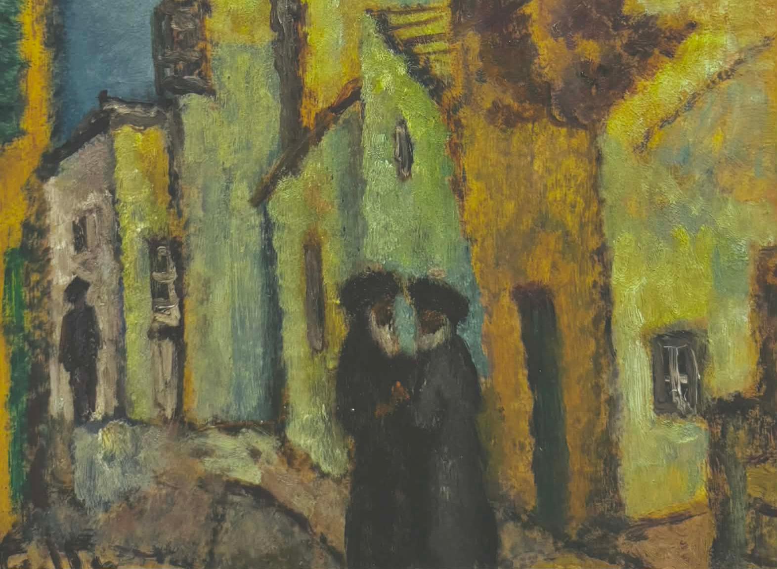 Schönes Gemälde in Öl auf Karton, Figuren auf einer Straße, um 1930. Signiert unten links, 14,5