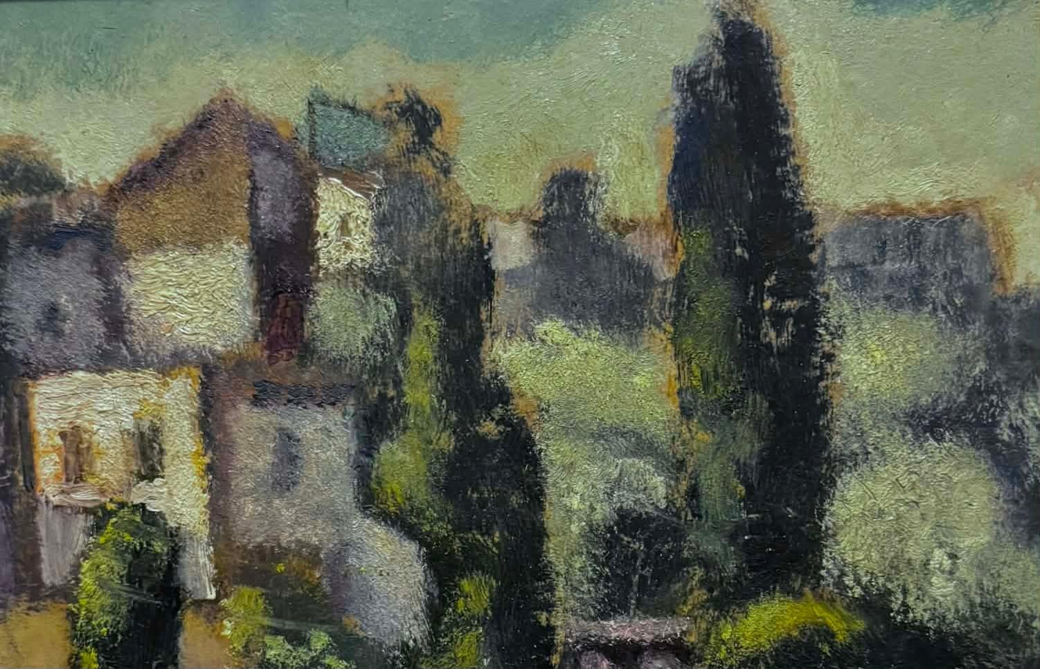 Fantastischer Immobilienfund, Hillside in Galiläa von Arieh Allweil. Ein schönes expressionistisches Gemälde von einem außergewöhnlichen Künstler. Öl auf Karton, rechts unten signiert, 15