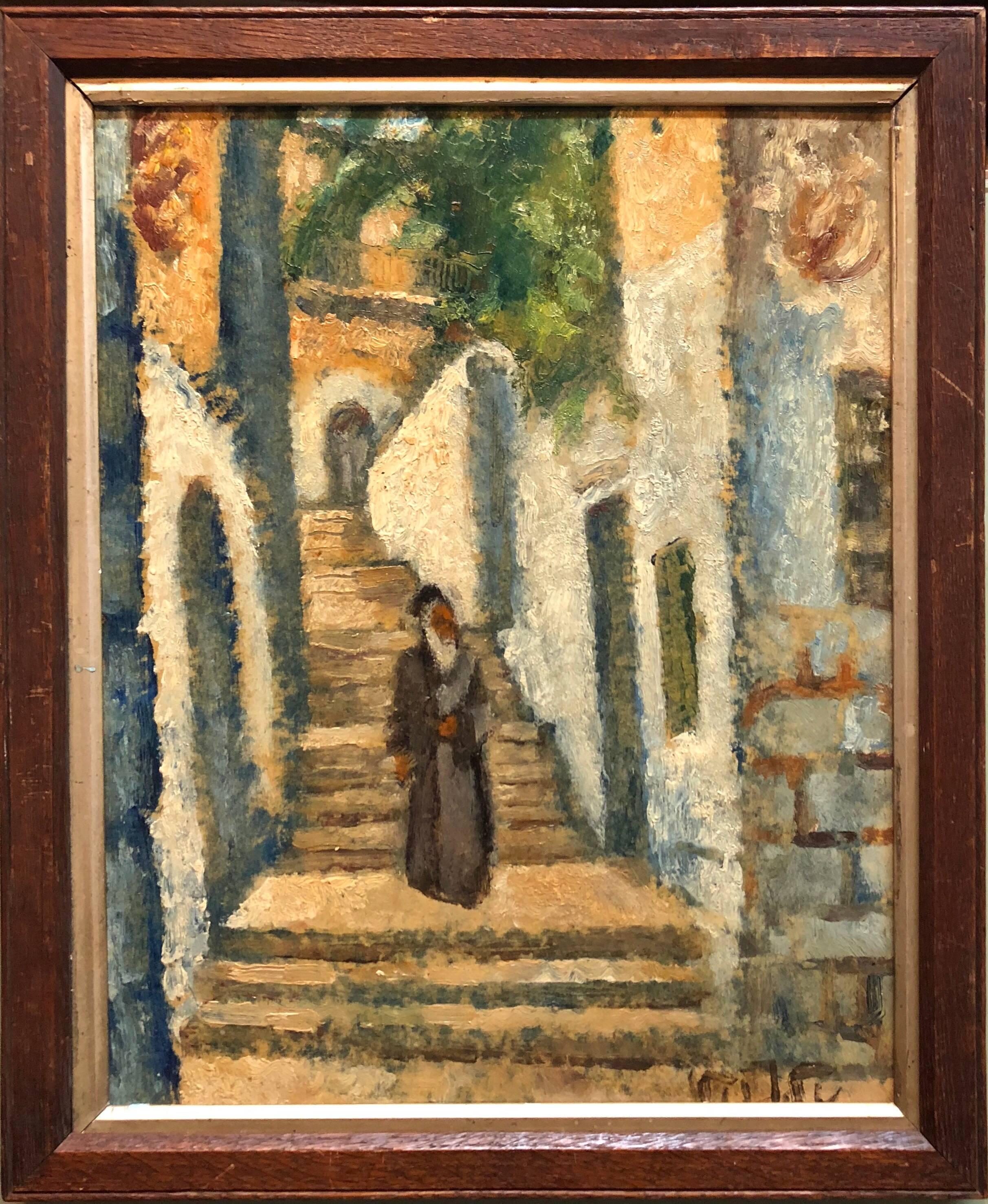 Rabbi in Jerusalem Modernist Israeli Judaica Oil Painting Arie Alweil Viennese  For Sale 2