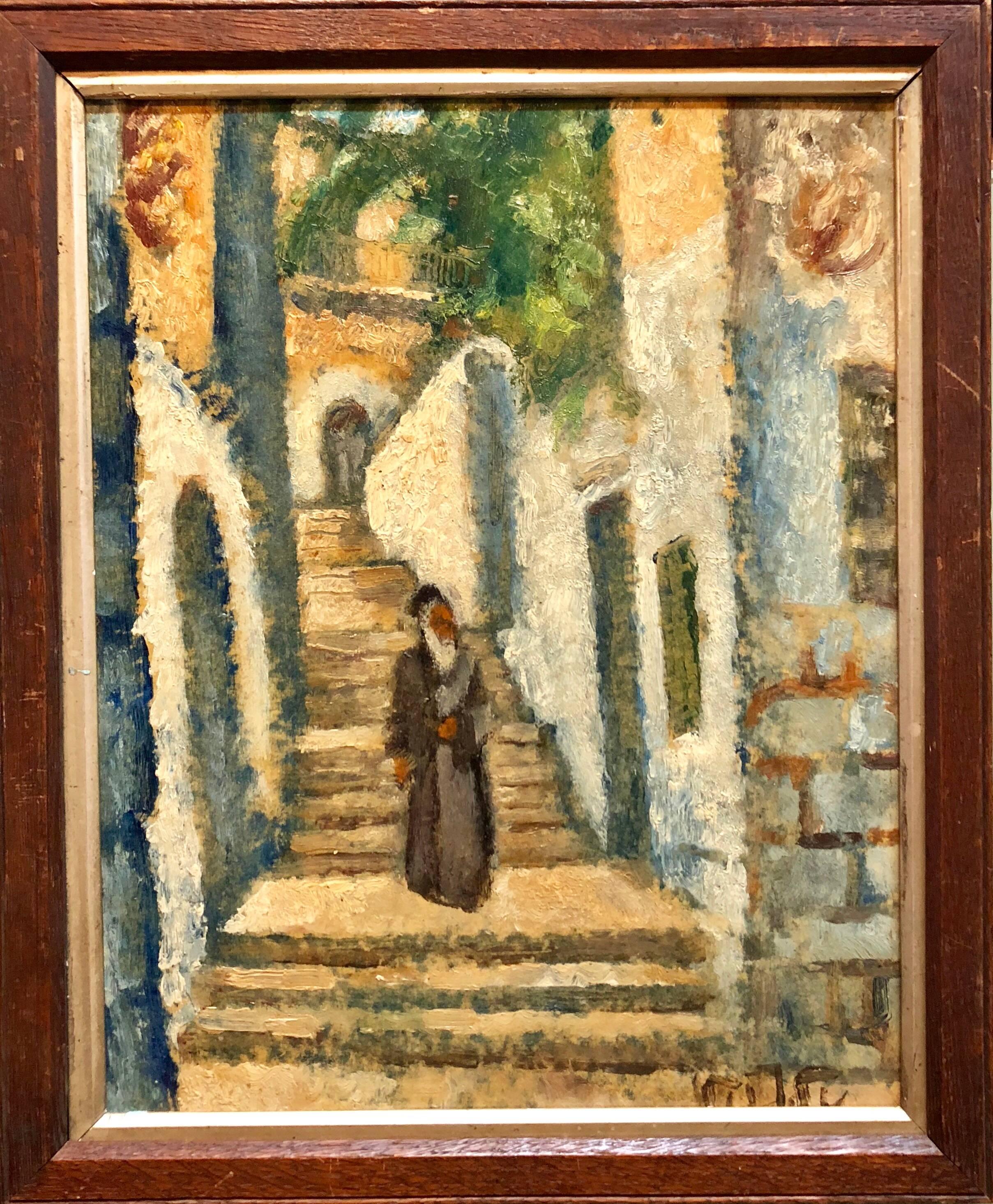 Arieh Allweil Figurative Painting - Rabbi in Jerusalem Modernist Israeli Judaica Oil Painting Arie Alweil Viennese 