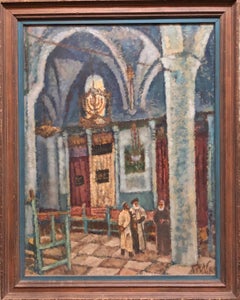 Synagogue Interior Jerusalem Modernist Israeli Judaica Oil Painting
