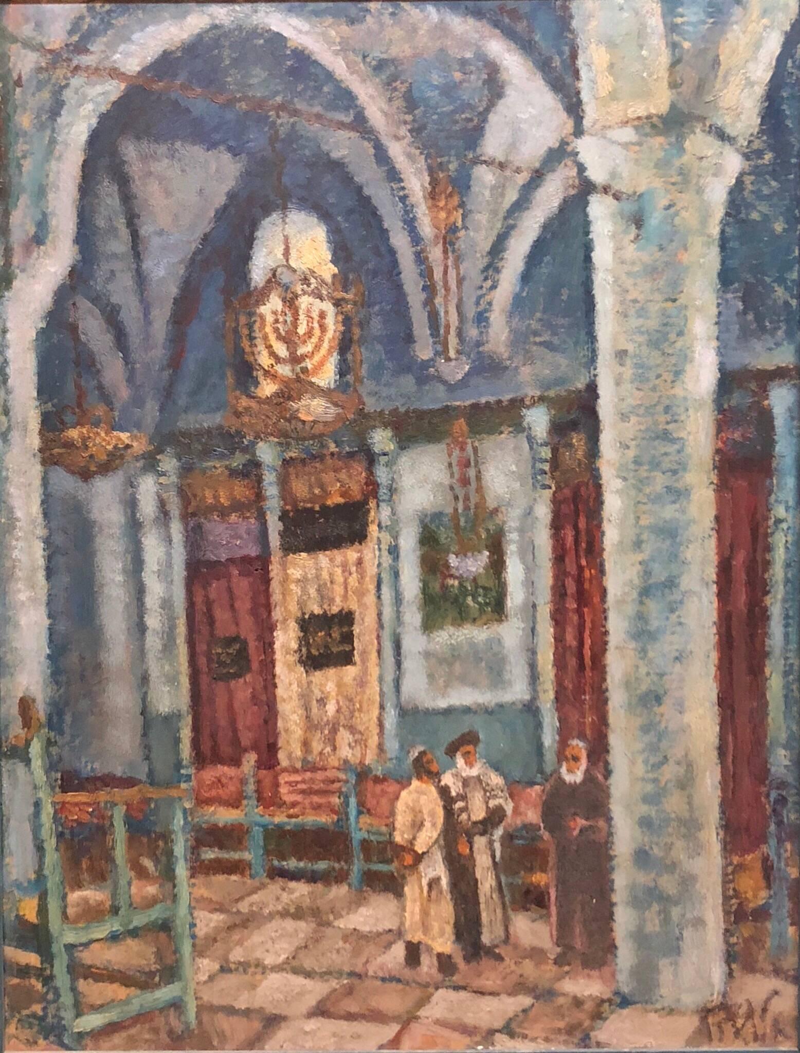 Synagogue Interior Jerusalem Modernist Israeli Judaica Oil Painting  - Brown Figurative Painting by Arieh Allweil