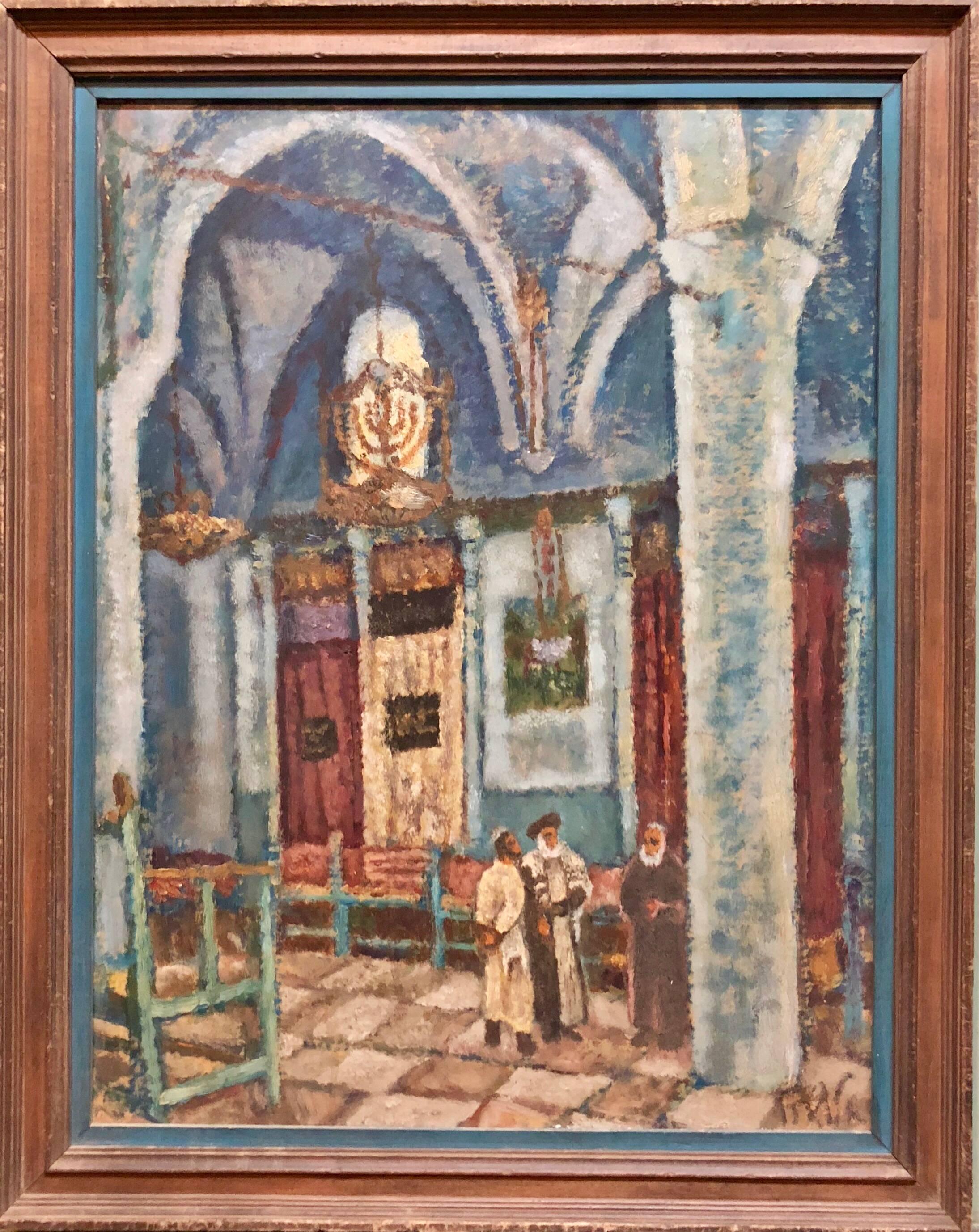 Arieh Allweil Figurative Painting - Synagogue Interior Jerusalem Modernist Israeli Judaica Oil Painting 