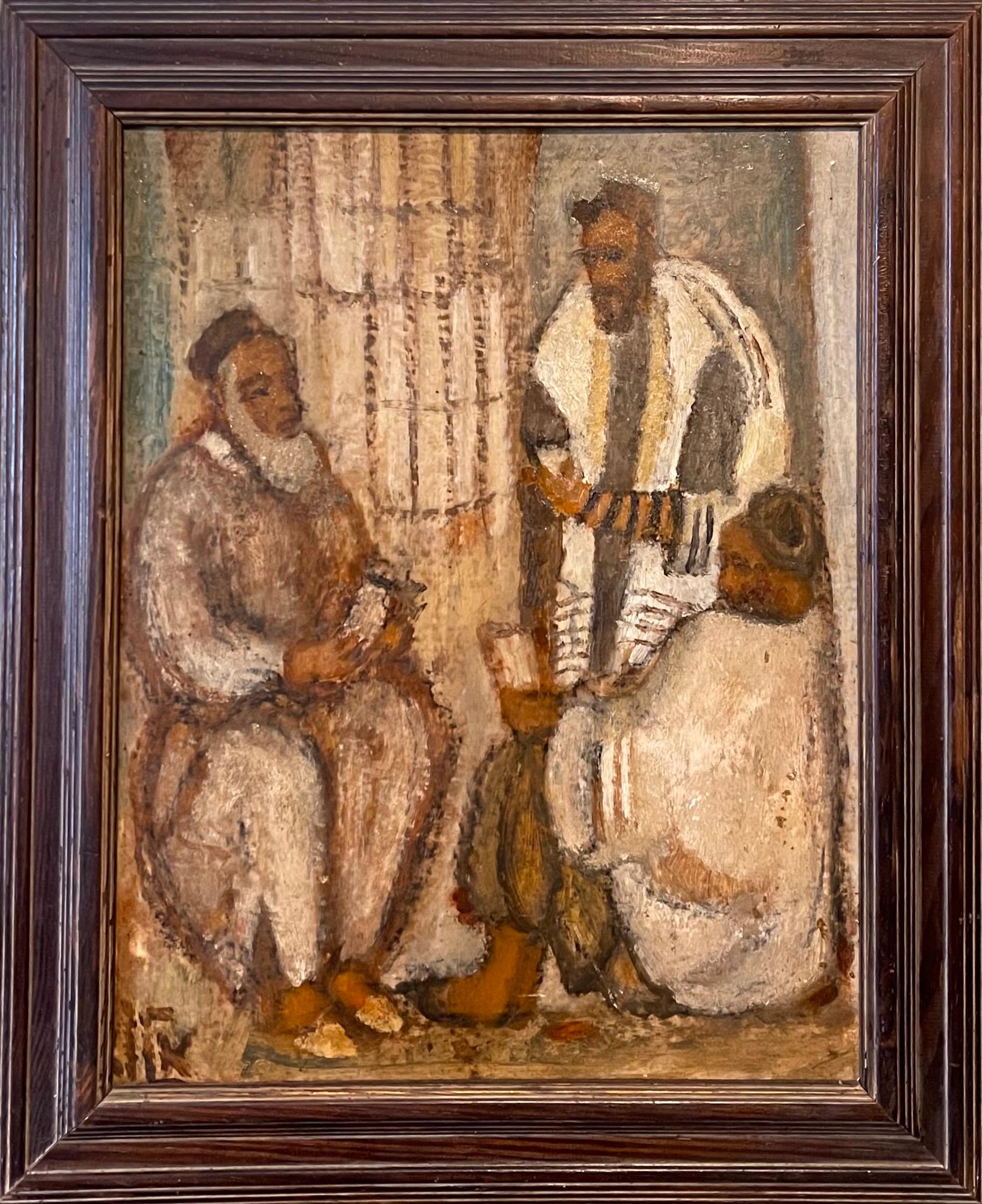 Synagogue Interior Jerusalem Modernist Israeli Judaica Oil Painting Rabbi Prayer - Brown Interior Painting by Arieh Allweil