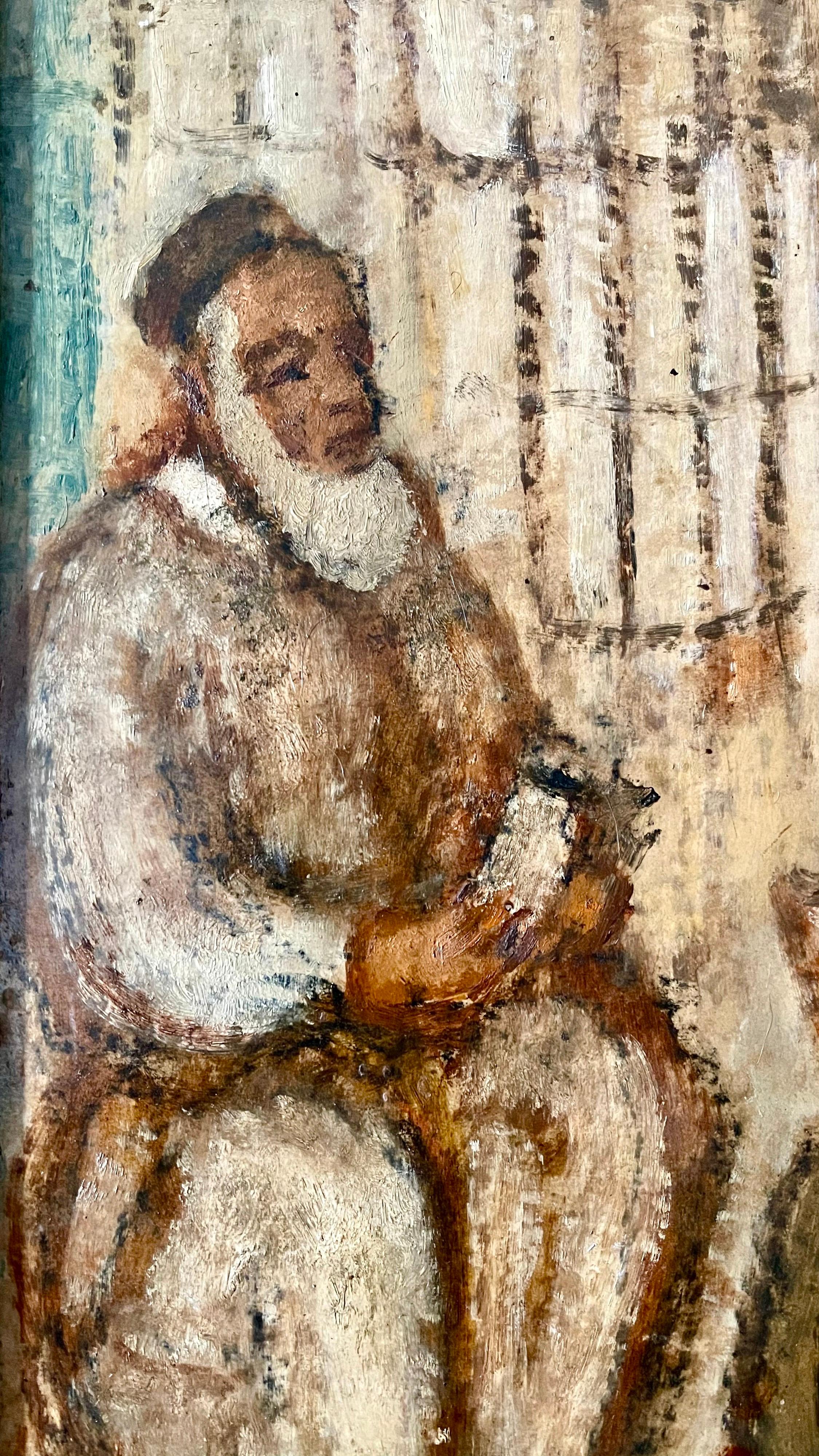 Synagogue Interior Jerusalem Modernist Israeli Judaica Oil Painting Rabbi Prayer For Sale 1