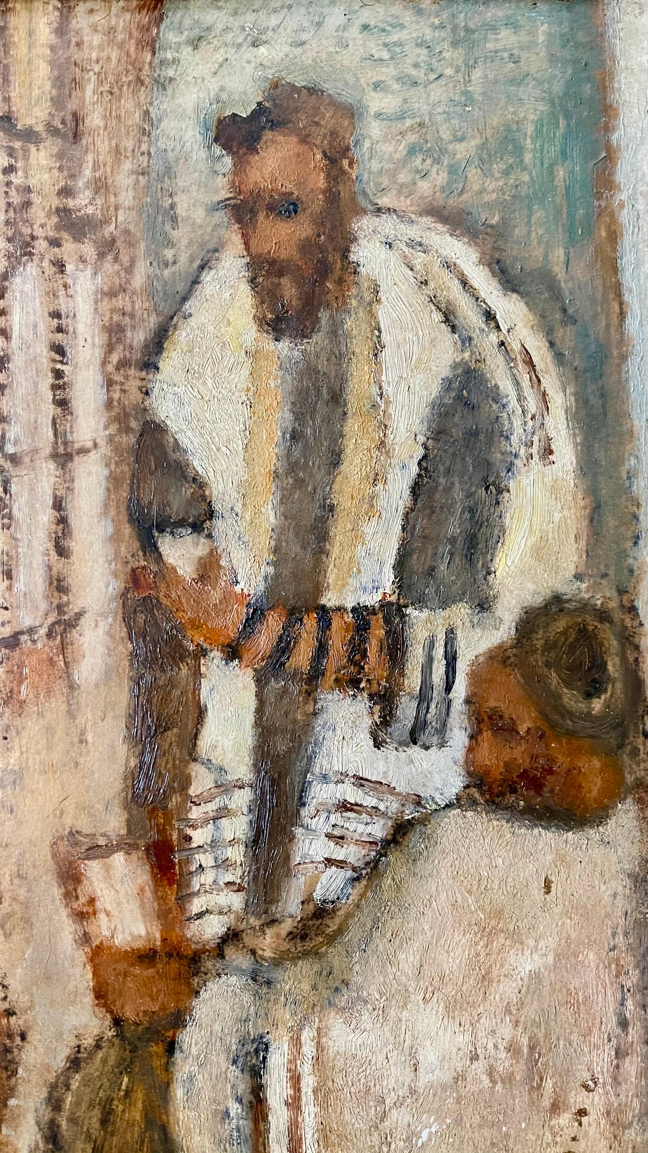 Synagogue Interior Jerusalem Modernist Israeli Judaica Oil Painting Rabbi Prayer - Brown Interior Painting by Arieh Allweil