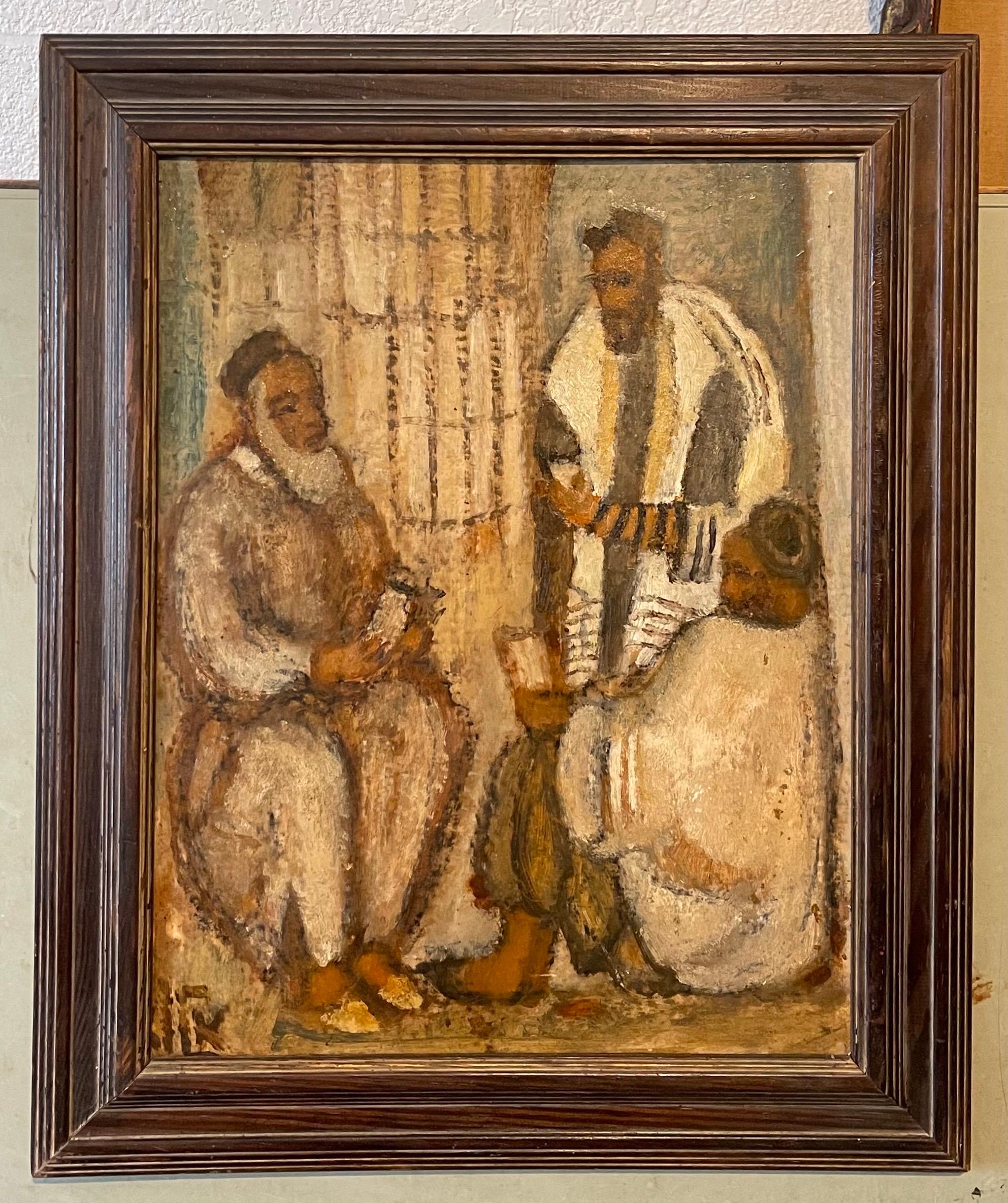 Synagogue Interior Jerusalem Modernist Israeli Judaica Oil Painting Rabbi Prayer For Sale 1