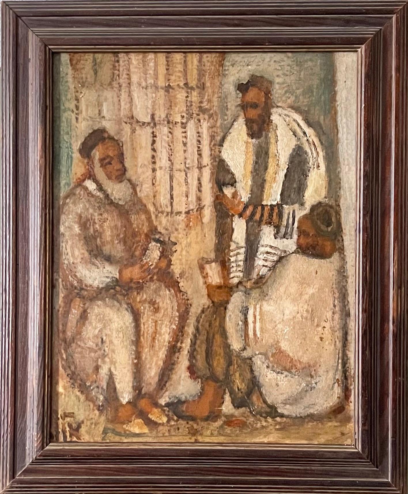 Synagogue Interior Jerusalem Modernist Israeli Judaica Oil Painting Rabbi Prayer