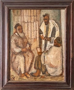 Vintage Synagogue Interior Jerusalem Modernist Israeli Judaica Oil Painting Rabbi Prayer