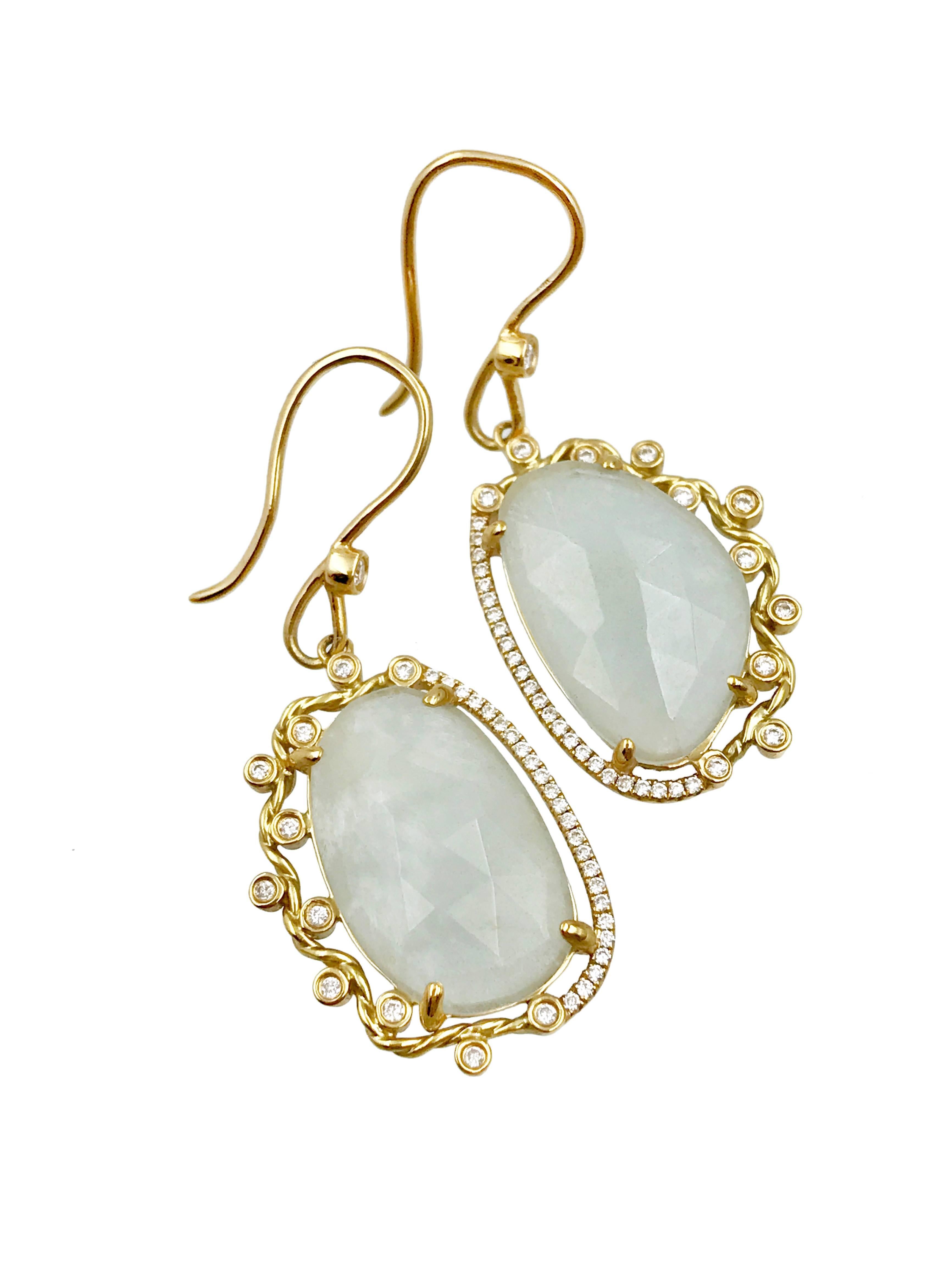 This listing is for One-of-a Kind Arieh Translucent Free-Form Rose-Cut Aquamarine Slice Asymmetrical Halo Earrings set in 18K Yellow Gold with 0.253 CTW Diamonds. It is from our La Bayadere collection, in stock and ready to ship. In stock item