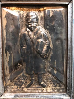 Judaica Silvered Copper Repousse Sculpture Relief Plaque Shtetl Yeshiva Bochur