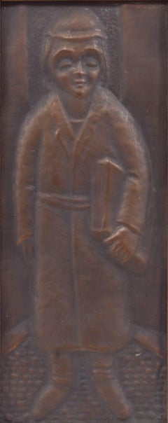 Rare 1940s Copper Repousse Judaica "Shtetl Cheder Boy" Plaque