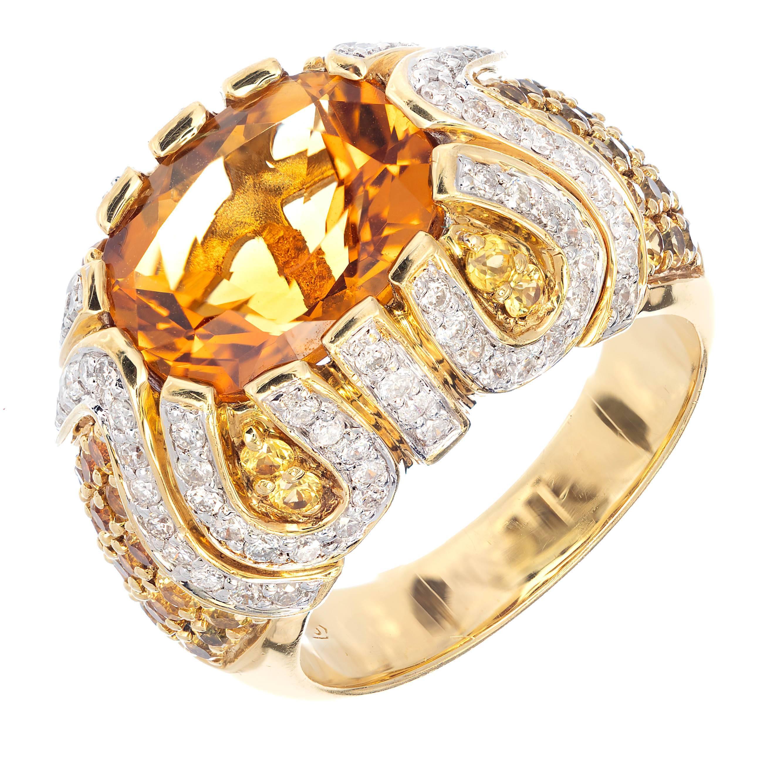 Oval Cut Ariel 8.88 Carat Orange Citrine Sapphire Diamond Gold Raised Dome Cocktail Ring