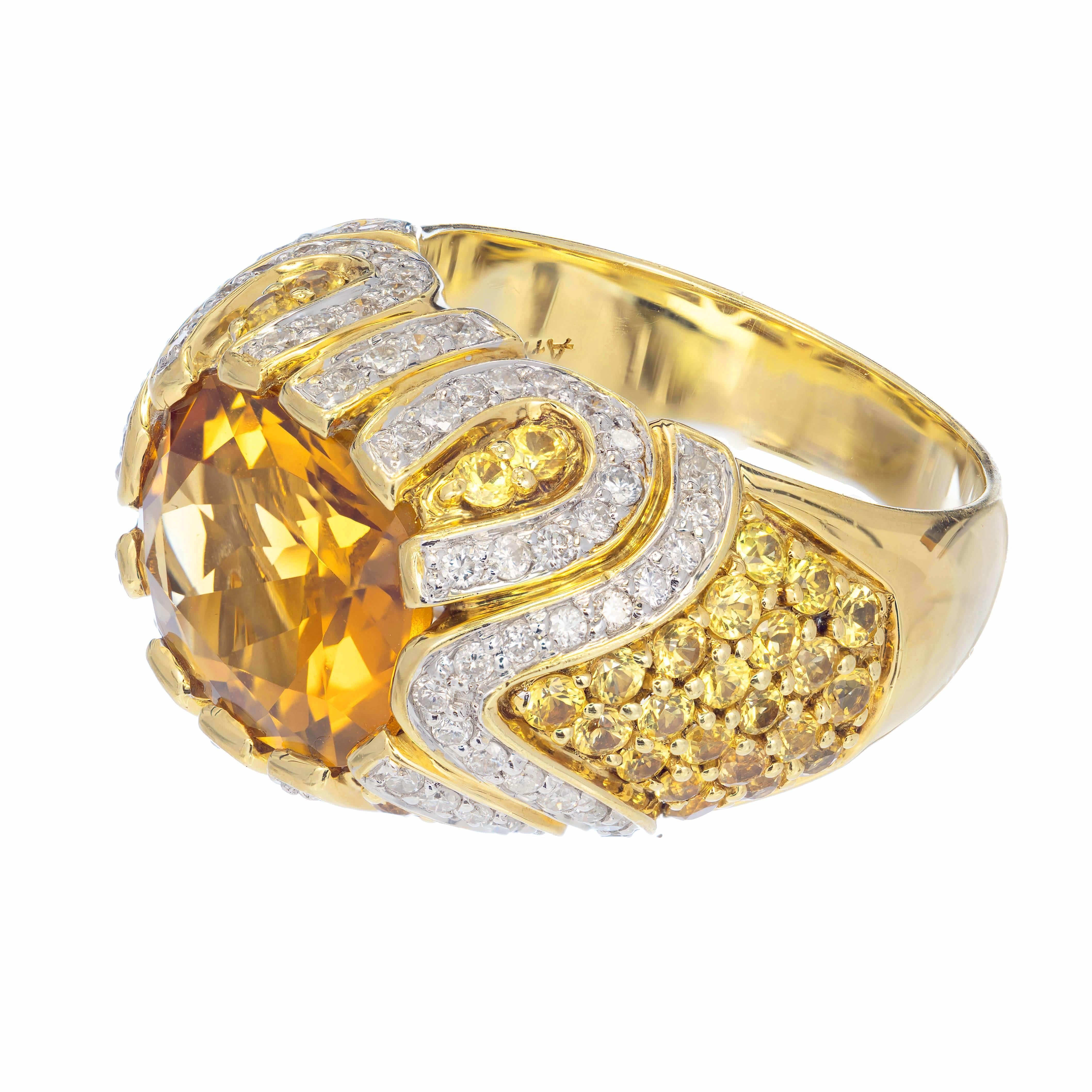 Ariel 8.88 Carat Orange Citrine Sapphire Diamond Gold Raised Dome Cocktail Ring In Good Condition In Stamford, CT