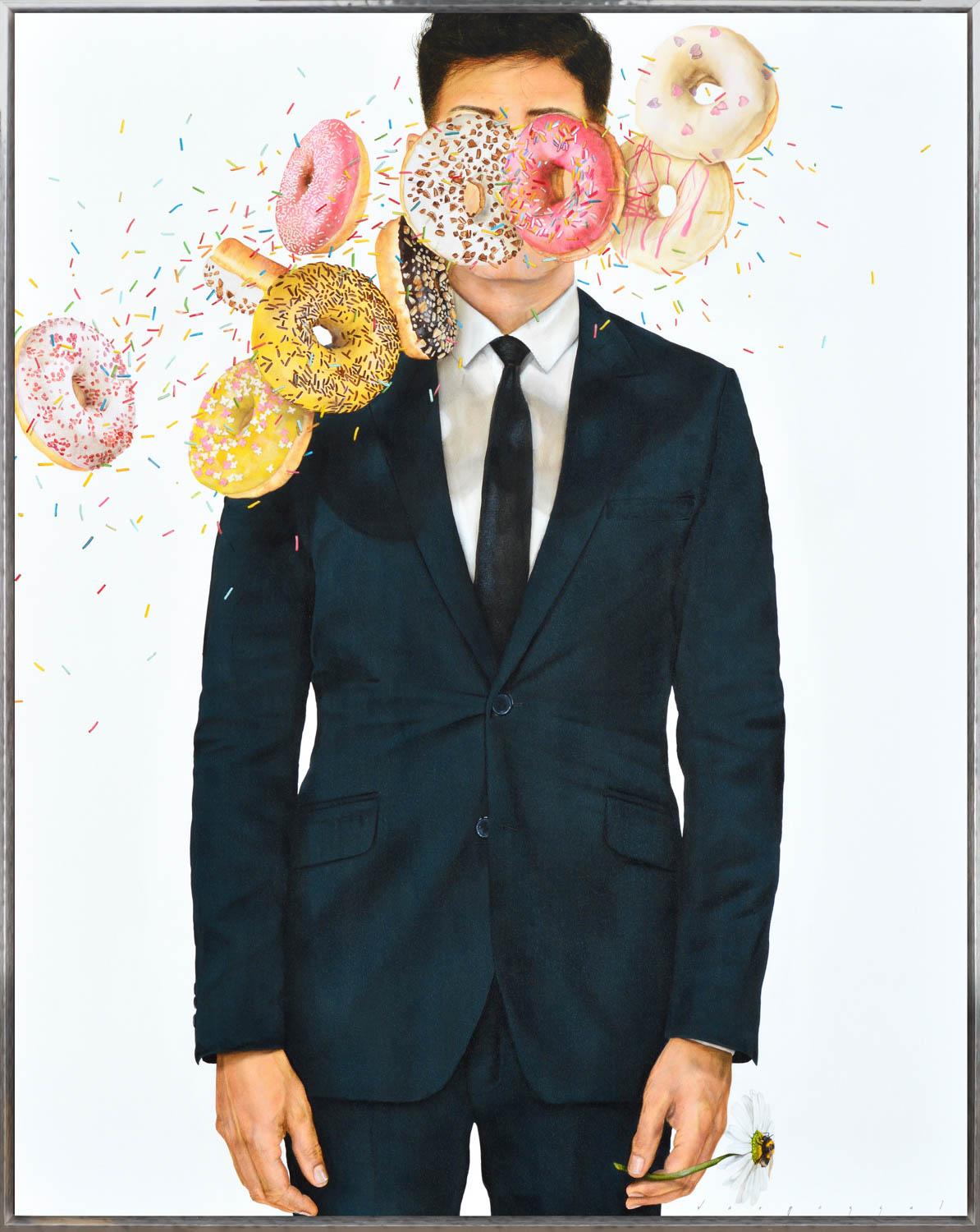 "Insatiable" is a framed acrylic work on canvas by Ariel Vargassal, depicting a man in a suit being bombarded by sugary donuts while holding a dainty daisy complete with a bumblebee. The hyperrealistic style includes a stunning amount of detail,
