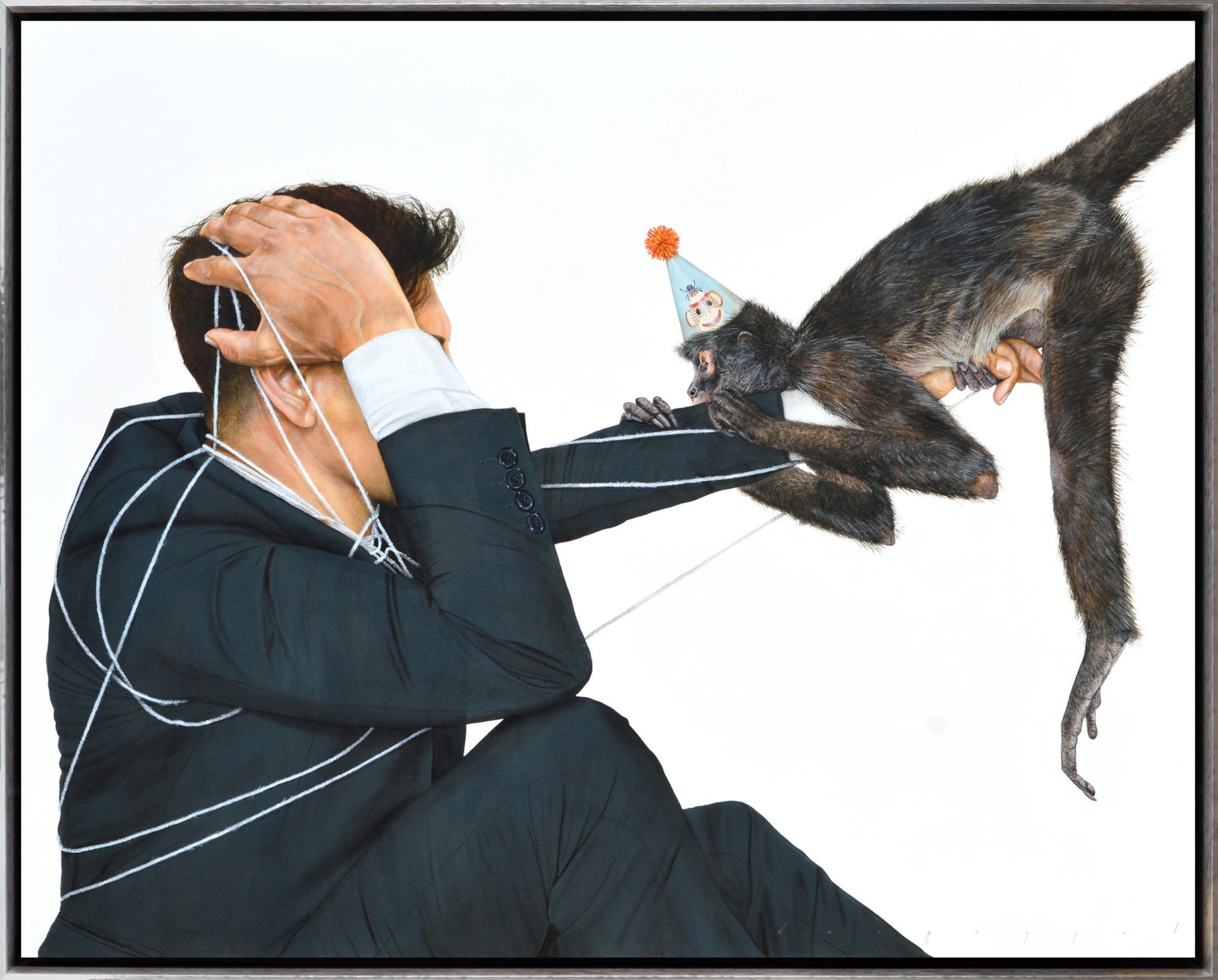Ariel Vargassal Animal Painting - "Tangled" Hyperrealistic Narrative Monkey Acrylic on Canvas Framed Painting