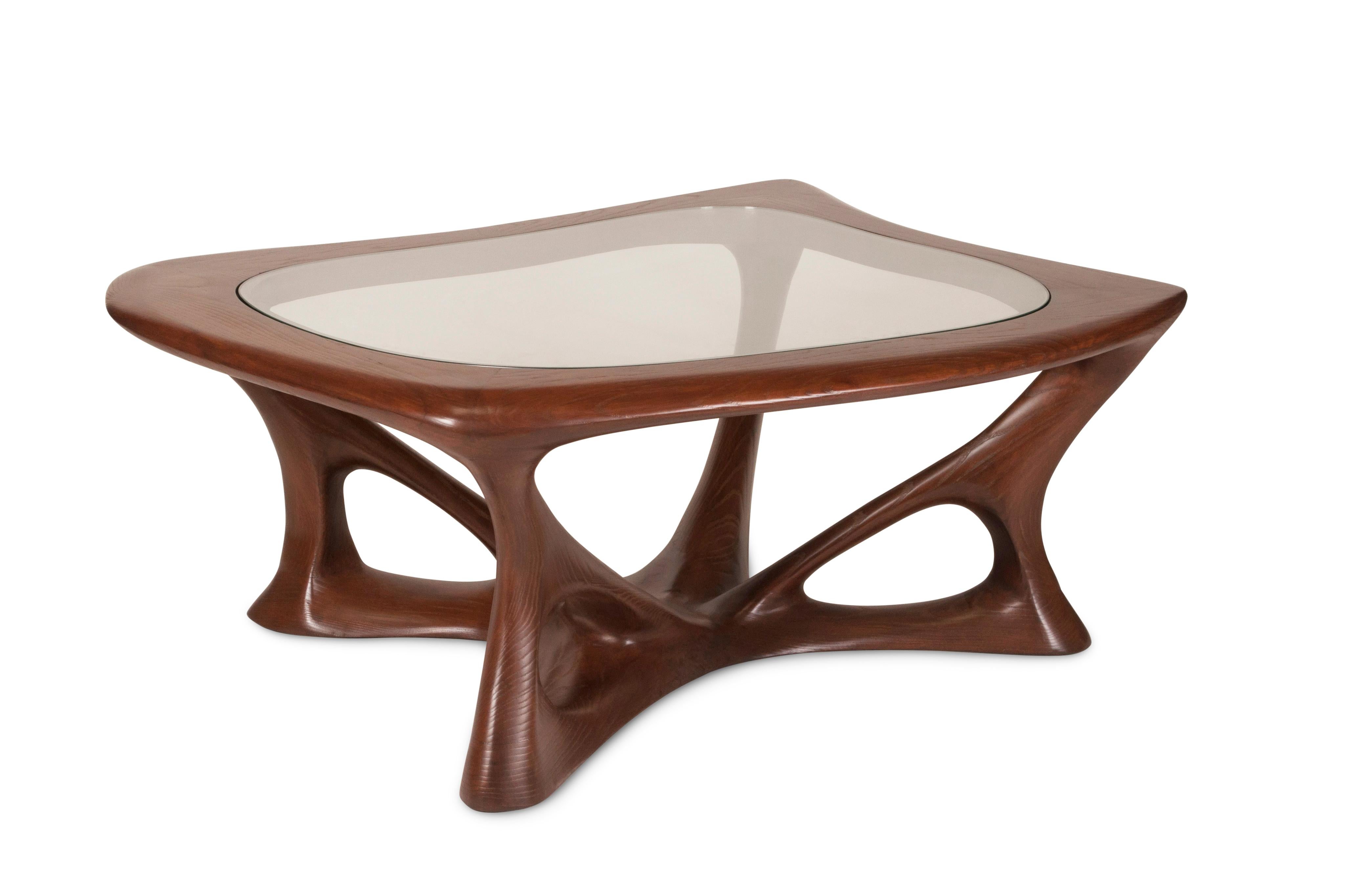 Carved Ariella Coffee Table, Solid Wood, Walnut Stained For Sale