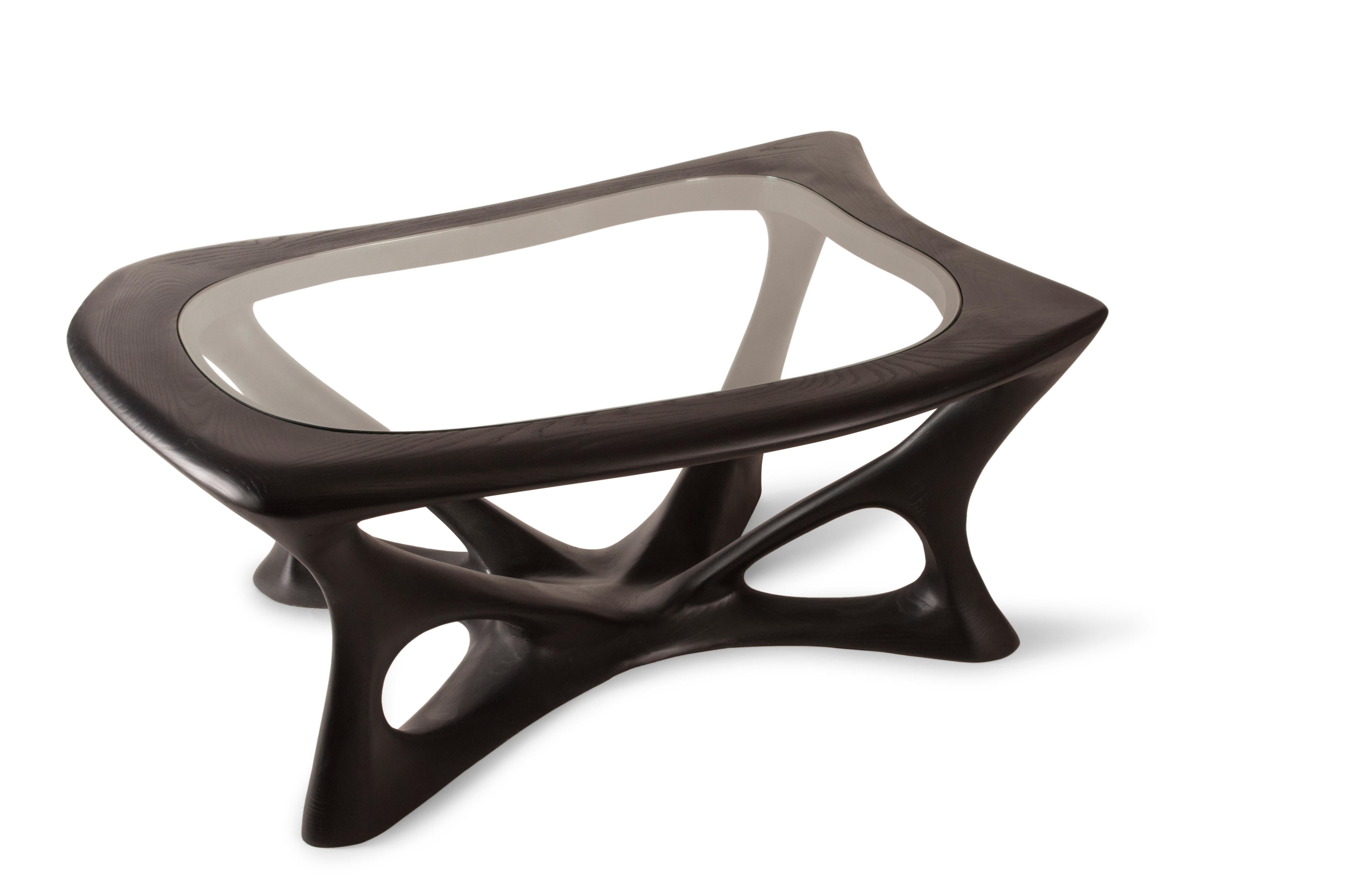 Organic Modern Ariella Coffee Table with Glass Top Ebony stain on Ash wood For Sale