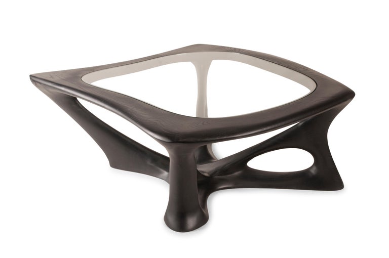 Carved Ariella Coffee Table with Glass Top, Solid Wood, Ebony Finish For Sale