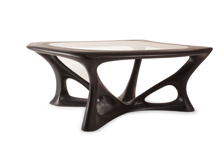 Contemporary Ariella Coffee Table with Glass Top, Solid Wood, Ebony Finish For Sale