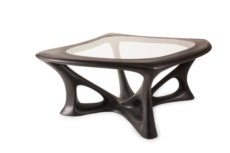 Ariella Coffee Table with Glass Top, Solid Wood, Ebony Finish For Sale 1