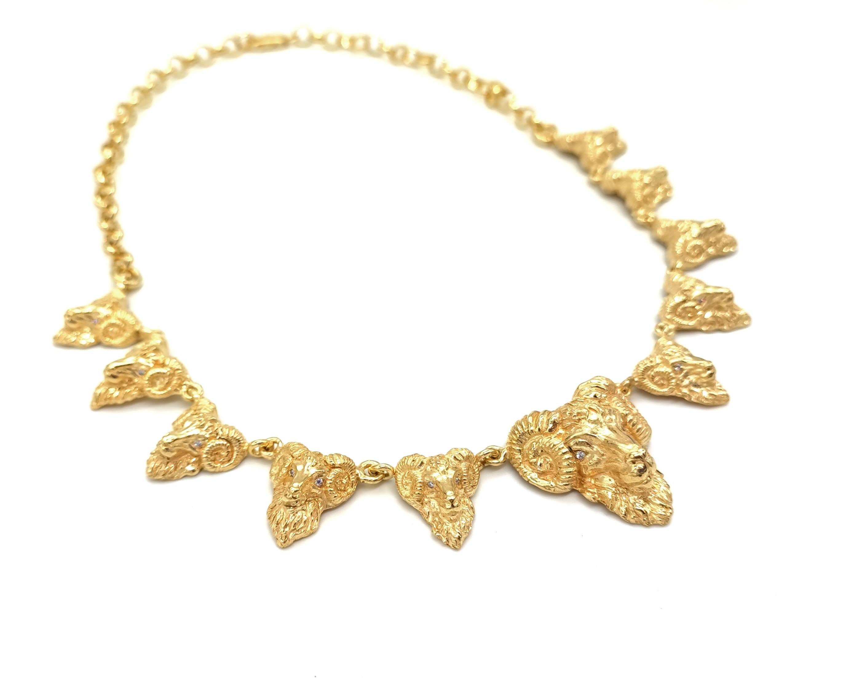 Women's or Men's Aries Head 14 Karat Solid Gold Necklace with Diamonds For Sale