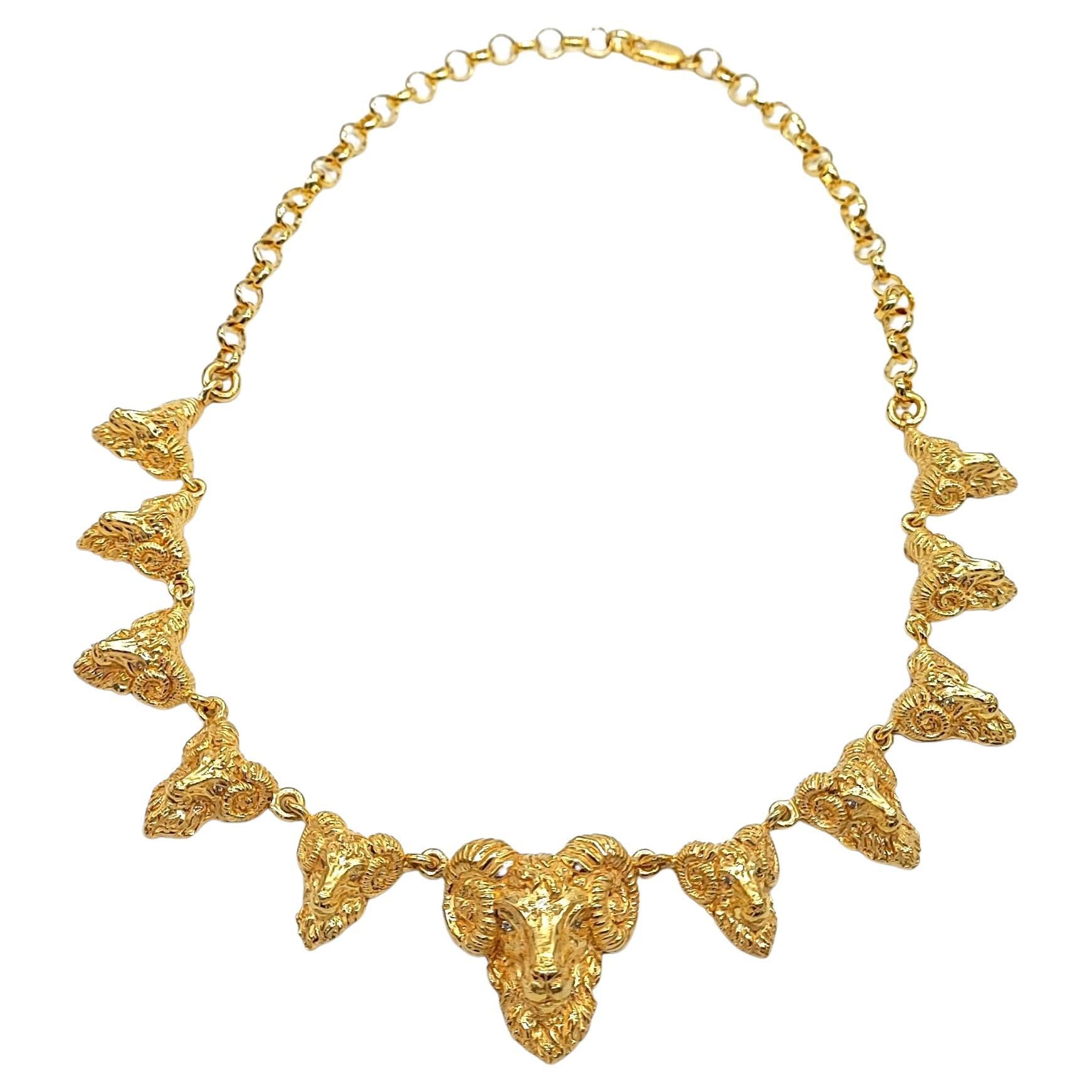 Aries Head 14 Karat Solid Gold Necklace with Diamonds For Sale