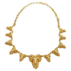 Aries Head 14 Karat Solid Gold Necklace with Diamonds