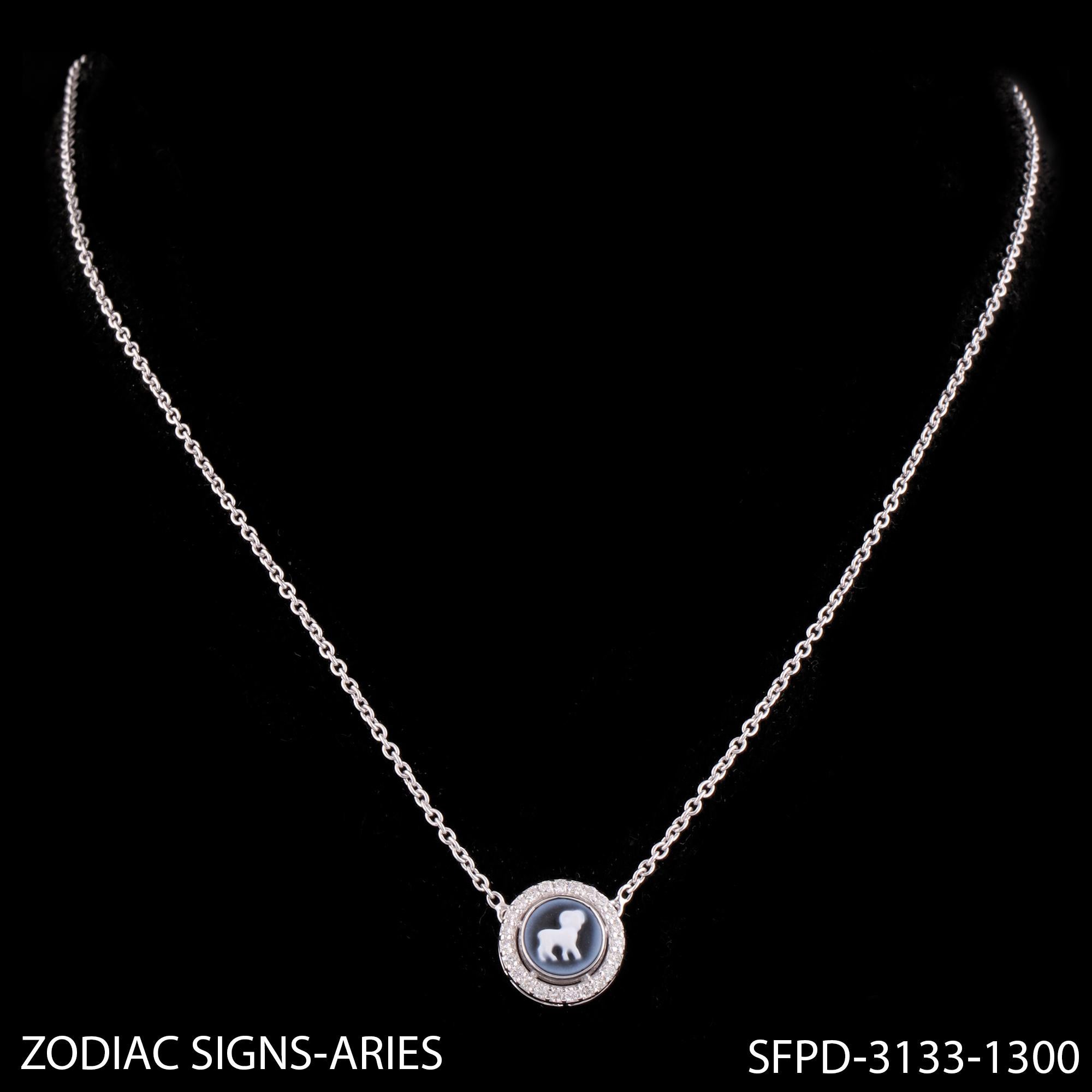 Women's Aries Horoscope Sign H/SI Pave Diamond Pendant 14k White Gold Necklace 1.12 Tcw For Sale
