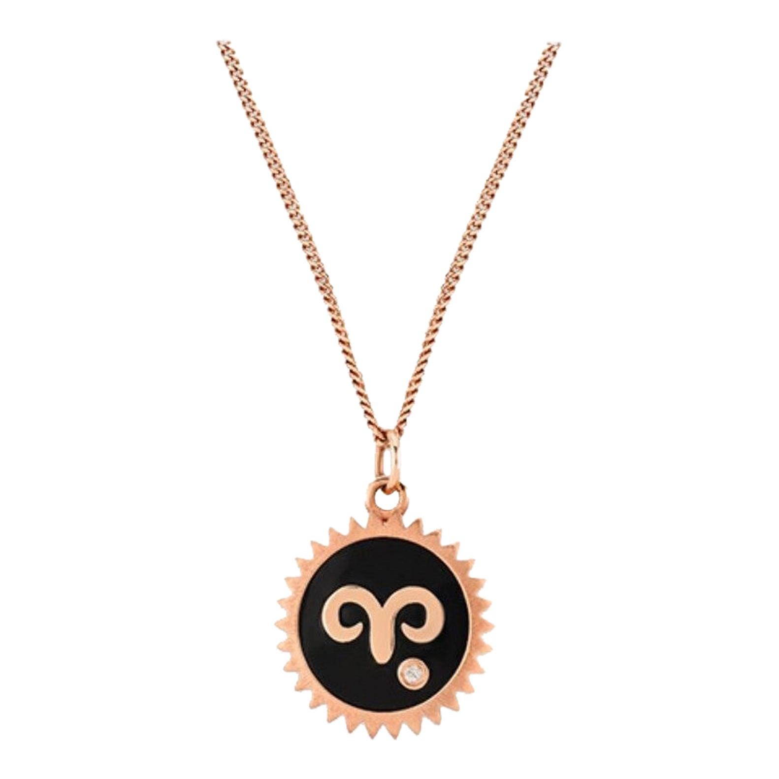 Aries Necklace with Black Enamel & White Diamond in 14 Karat Rose Gold For Sale