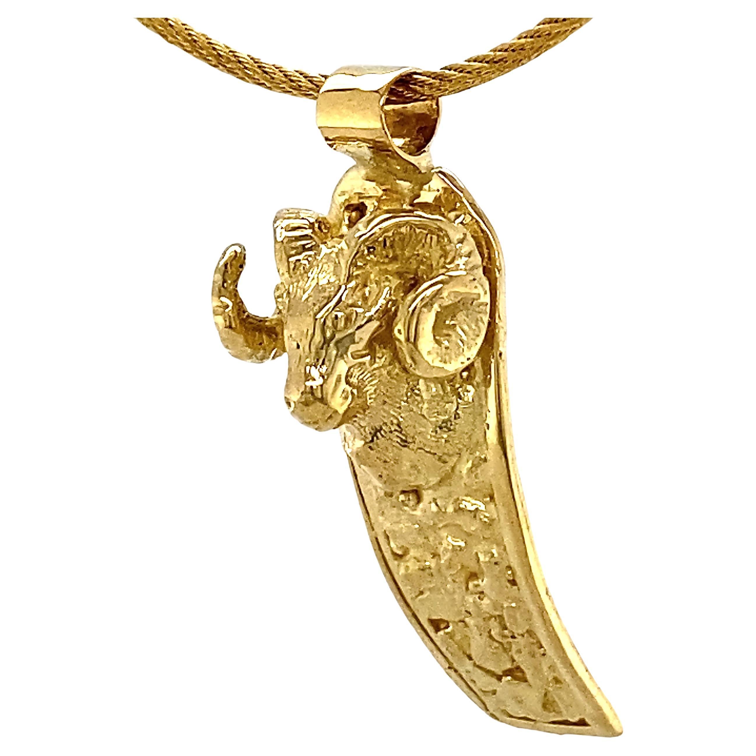 Aries or Ram Plaque Pendant in 18 Karat Gold on Yellow Gold Cable Wire Chain For Sale