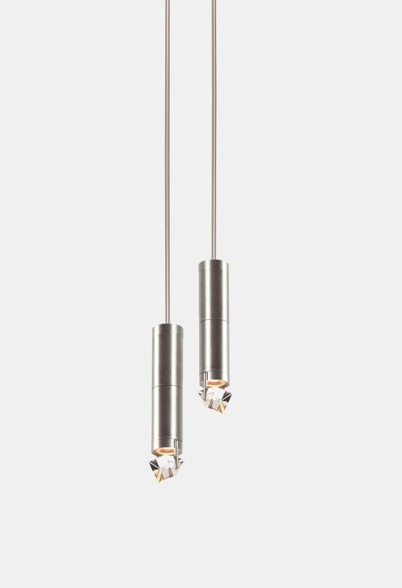 Modern Aries Pendant I.I Single Body in Polished Nickel, Faceted Glass, and LED lights For Sale