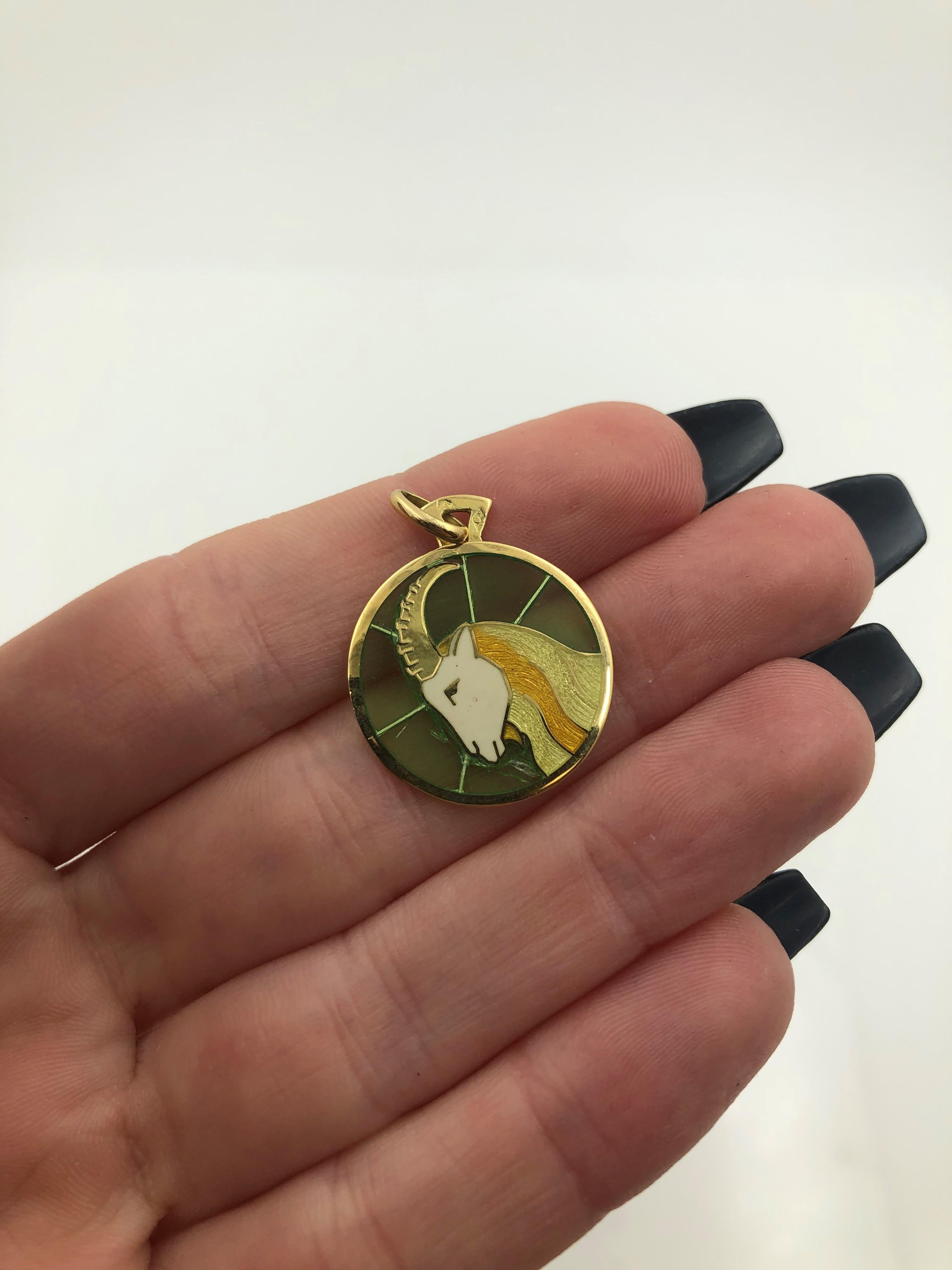 Plique a Jour Glass Enamel 18 Karat Yellow Gold Capricorn Pendant 1