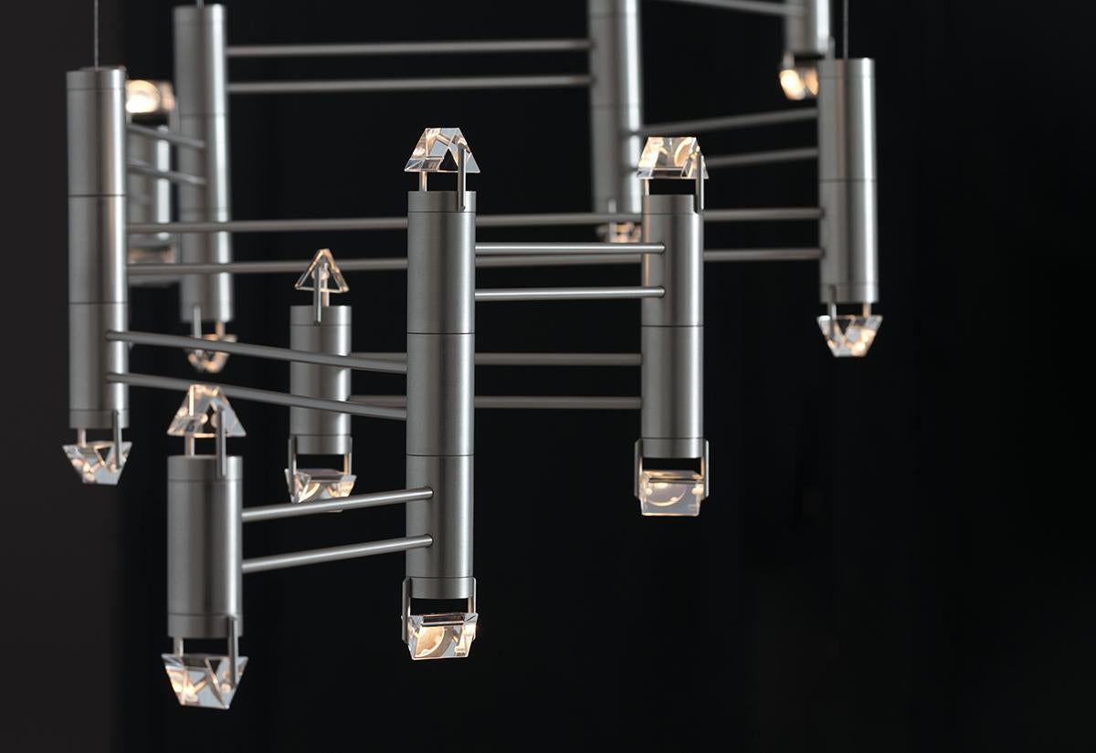 American Aries XI.II Chandelier in Polished Nickel with Faceted Glass and LED lights For Sale