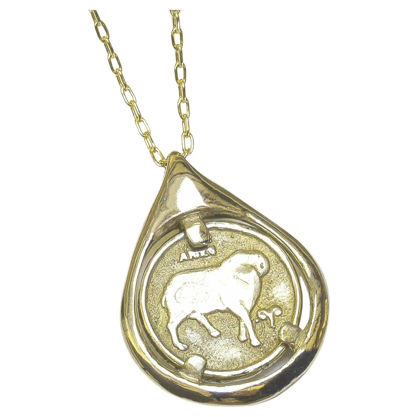 Aries Zodiac Coin Necklace & Tear Pendent, Solid 14k Gold with Birthstone