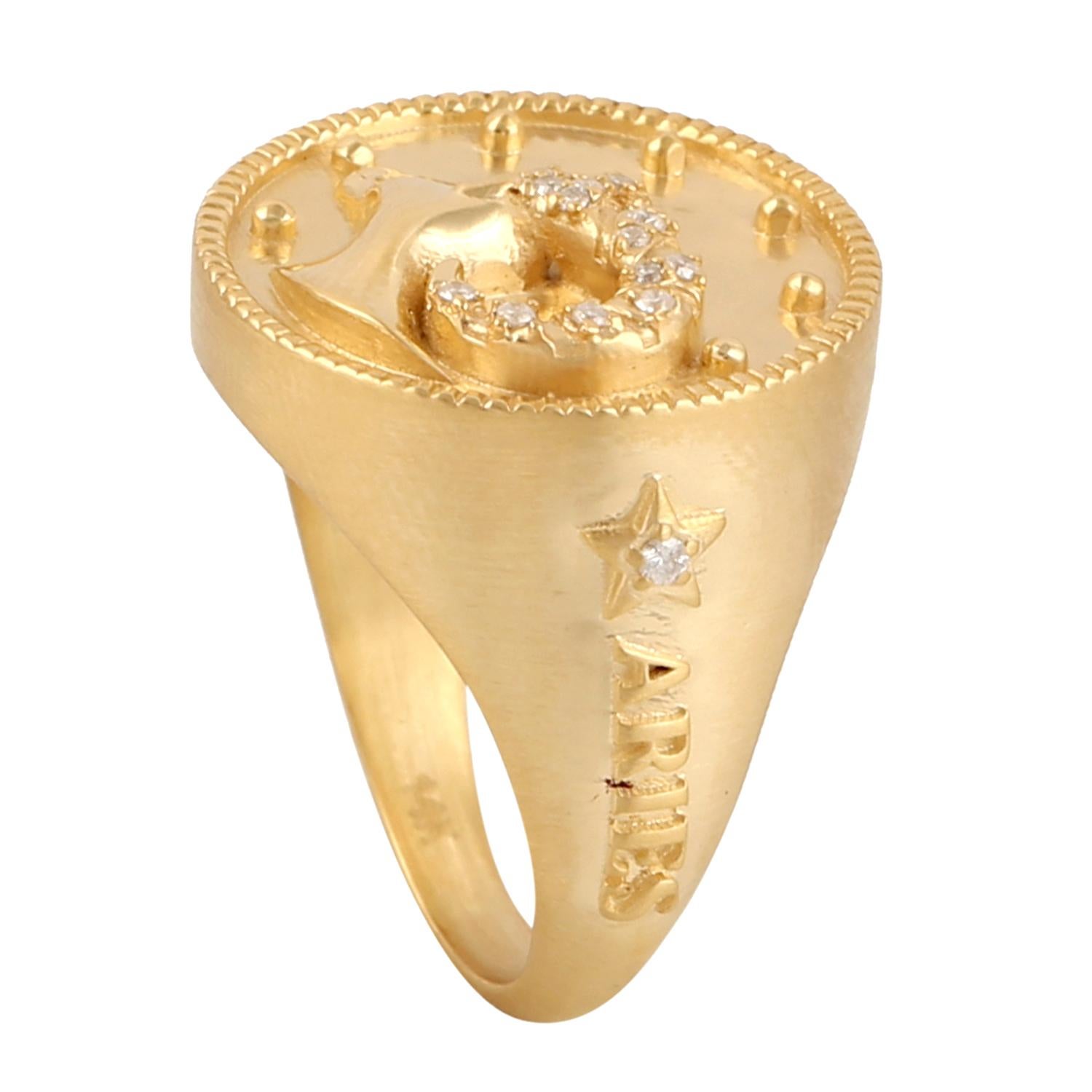 Artisan Aries Zodiac Ring With Pave Diamonds Made in 14k Yellow Gold For Sale