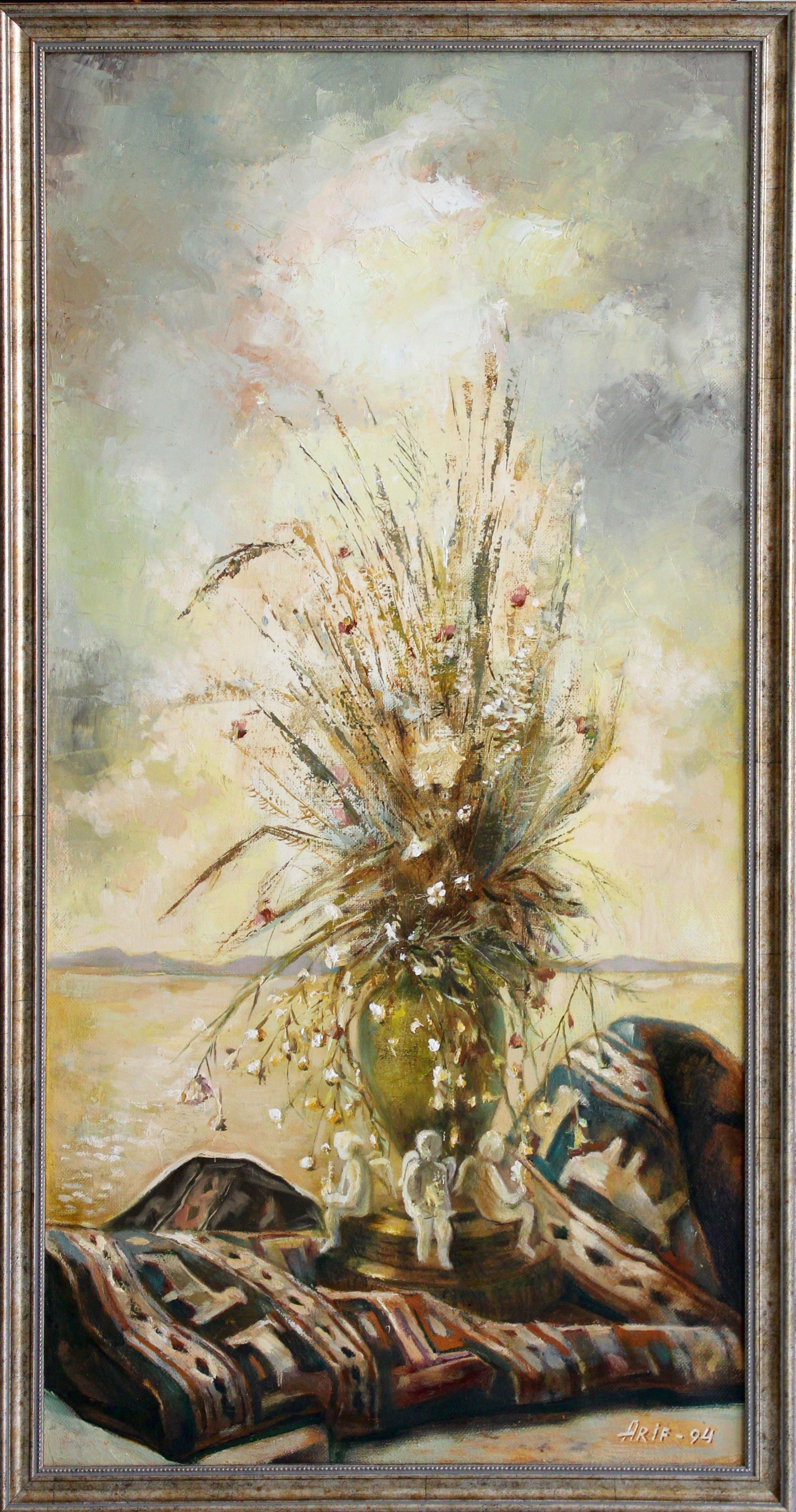 Naturaleza muerta en interior de flores secas y alfombra vieja. - Painting de Arif Magerramov 