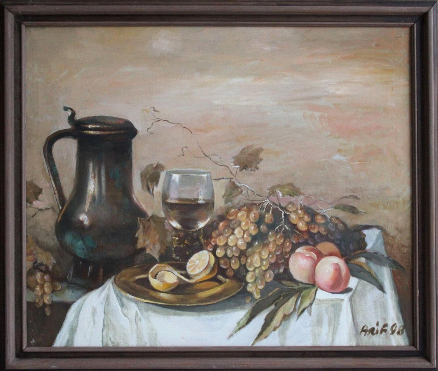 Natura morta con vaso e frutta. 1998, olio, tela, 70x59 cm - Painting di Arif Magerramov 