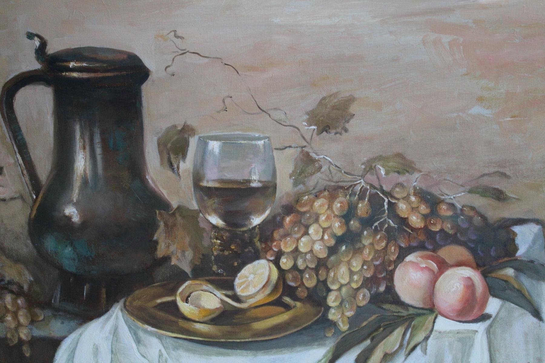 Natura morta con vaso e frutta. 1998, olio, tela, 70x59 cm - Still-Life Painting Grigio di Arif Magerramov 