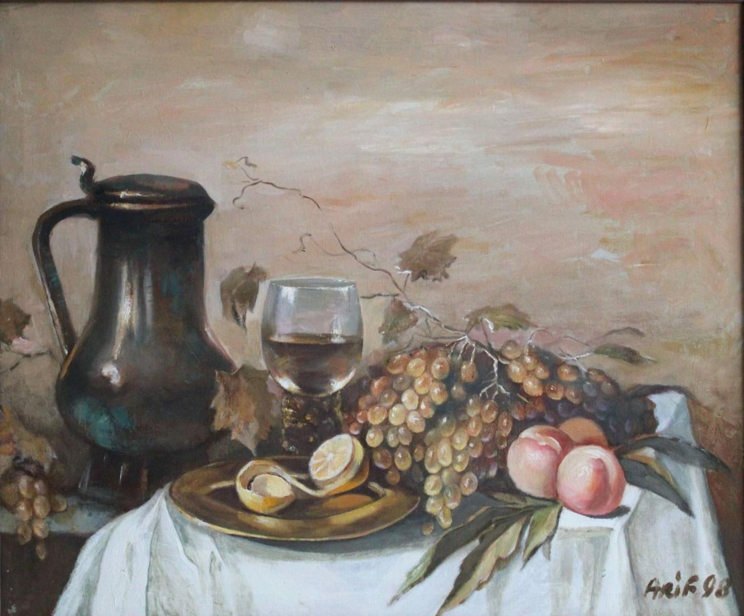 Still-Life Painting di Arif Magerramov  - Natura morta con vaso e frutta. 1998, olio, tela, 70x59 cm