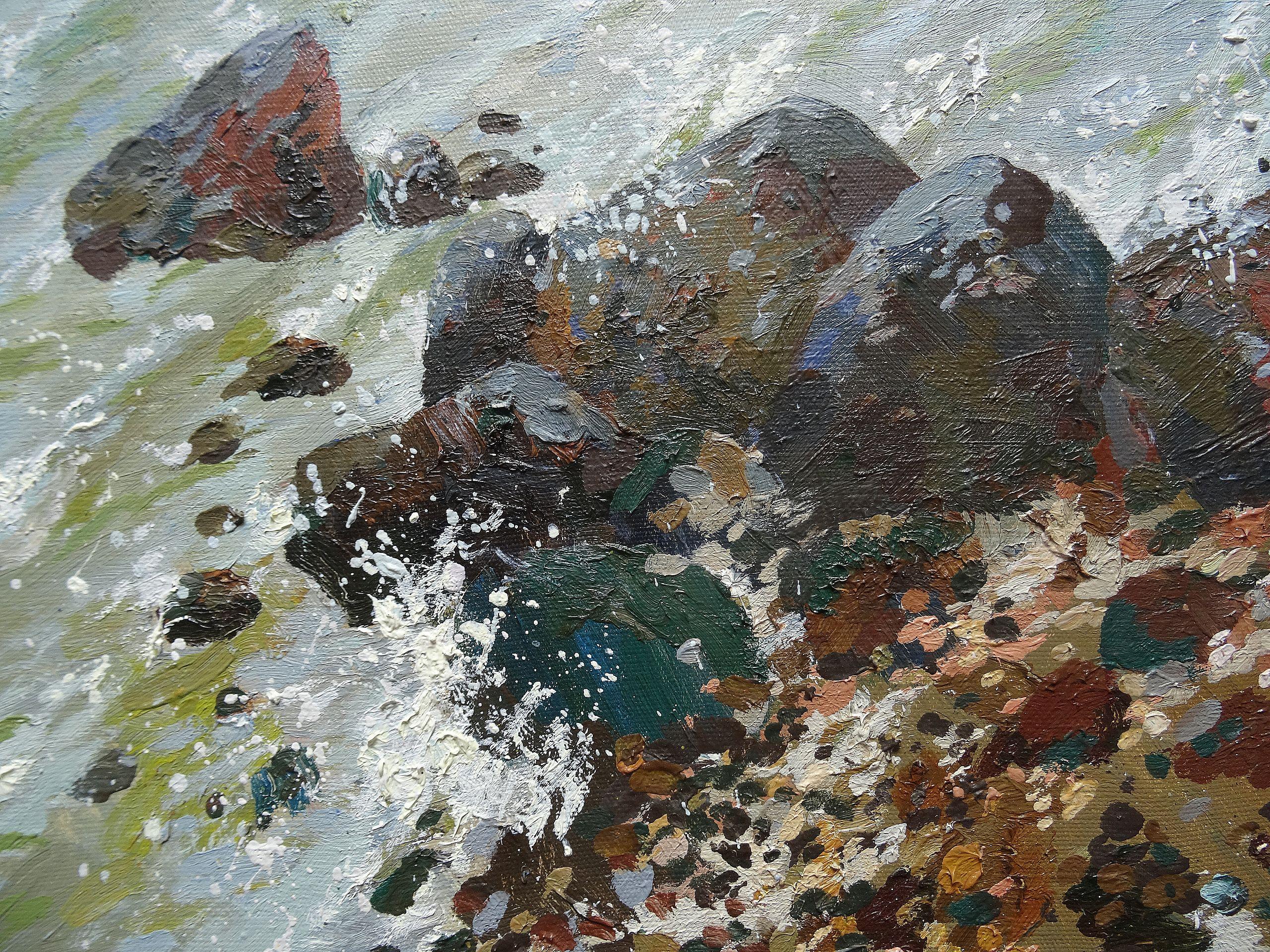 Sea. 1989 Oil on canvas, 81x75 cm - Gray Landscape Painting by Arija Paikule