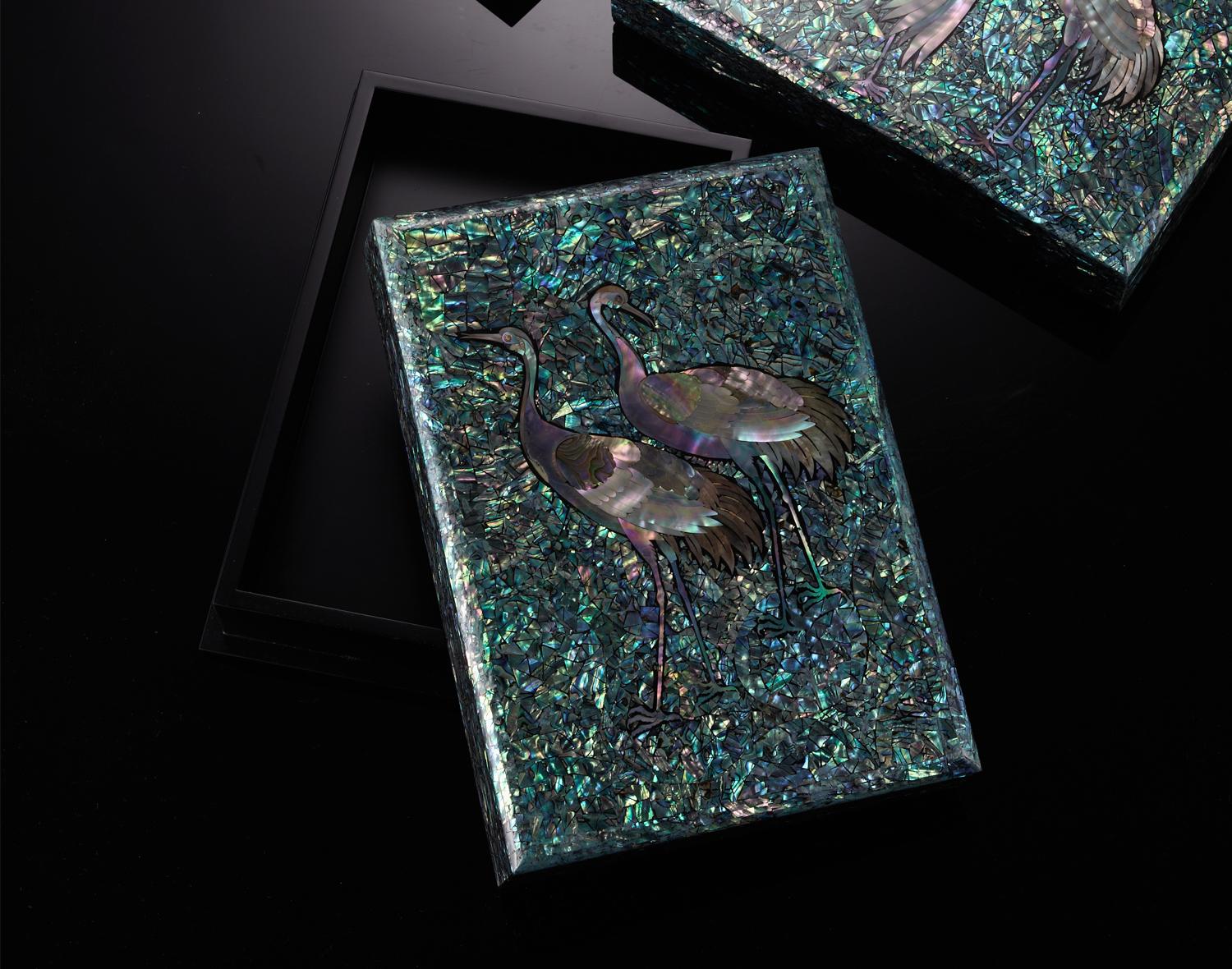 Lacquered Arijian Blue Mother of Pearl Decorative Wooden Box with Crane Design
