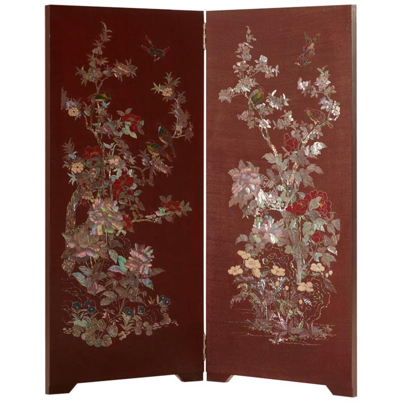 Arijian Lacquered Wood Room Divider with Mother of Pearl Flower and Bird Design