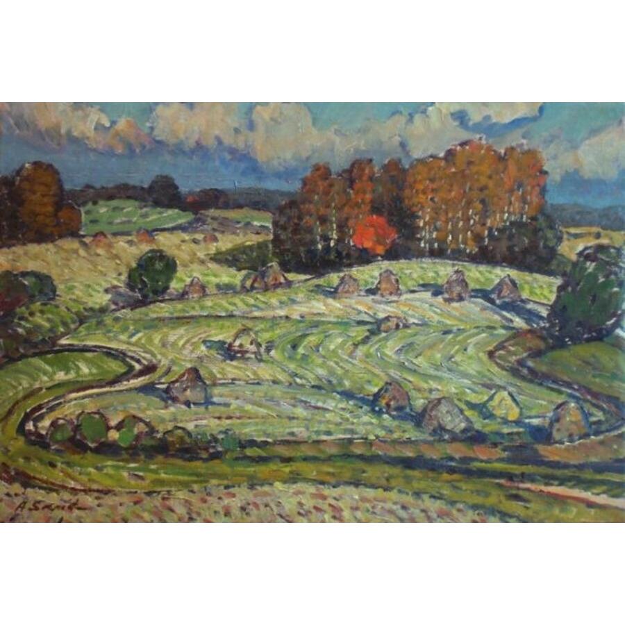 Arijs Skride  Landscape Painting - Fields. 1970's, oil on canvas, 47x69 cm