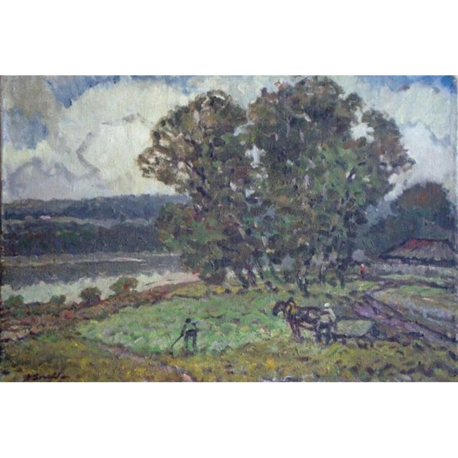 Arijs Skride  Landscape Painting - Haymaking. Oil on canvas, 50x73 cm
