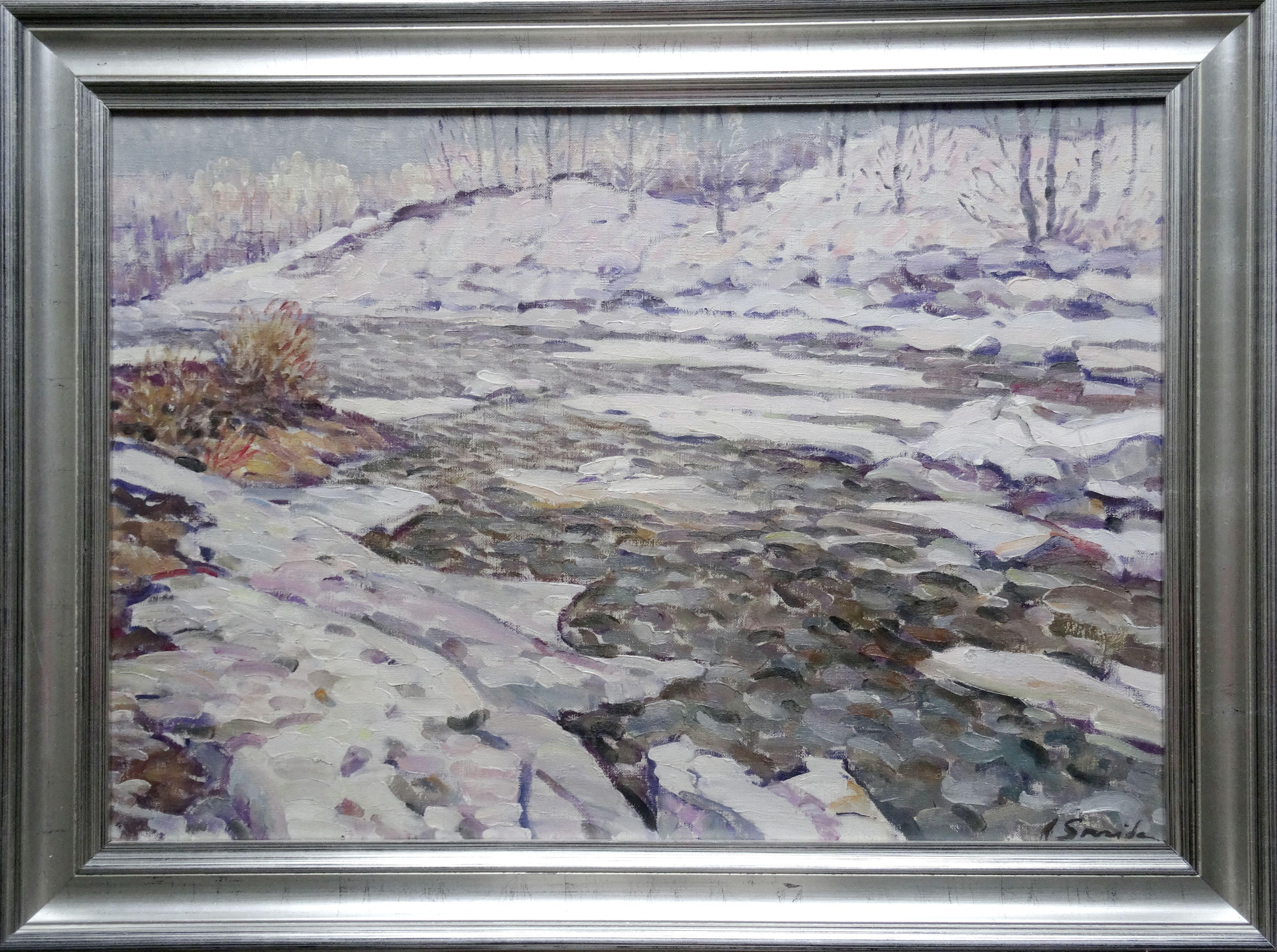 River in the spring. Canvas, oil, 49.5x70 cm - Painting by Arijs Skride 