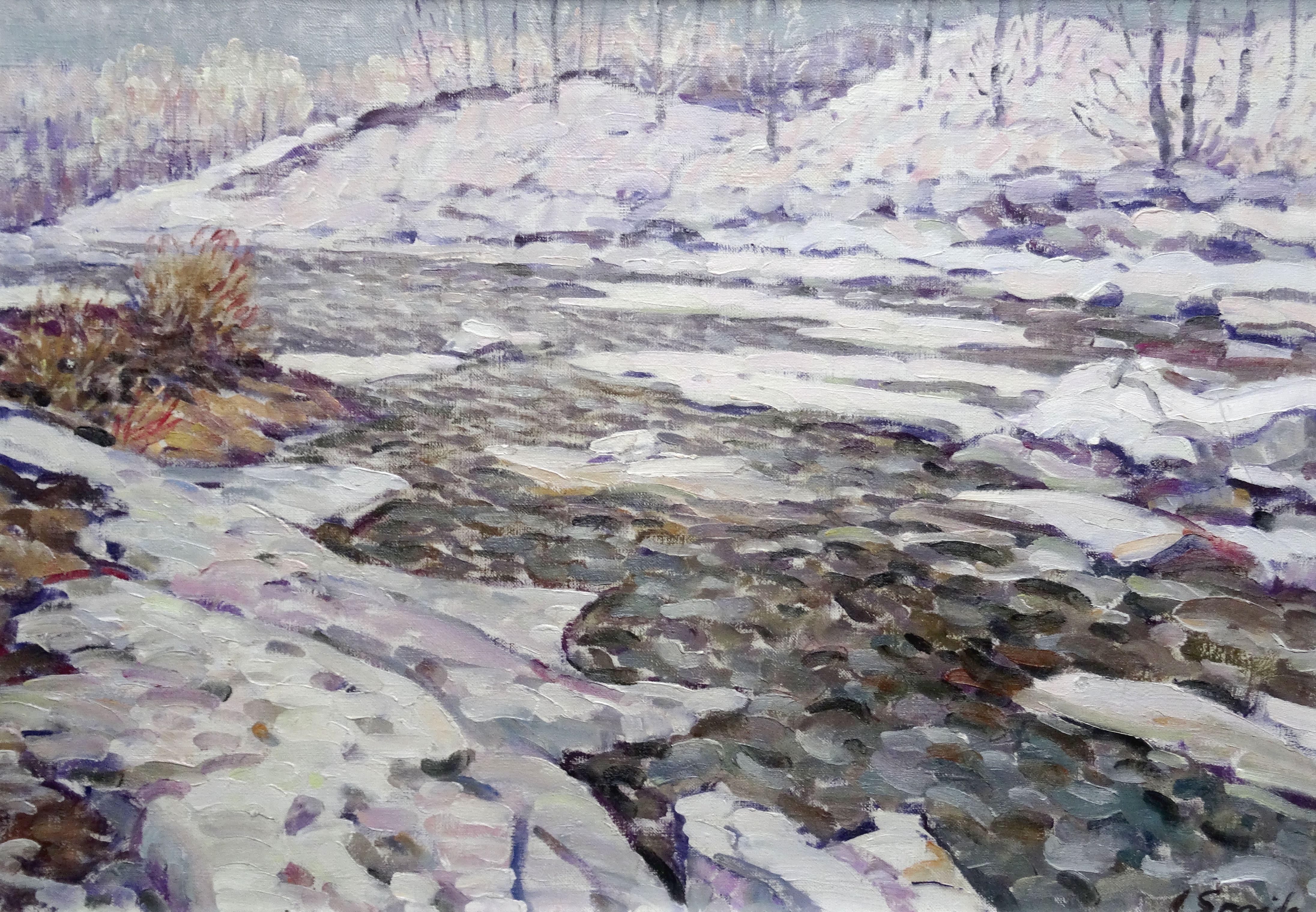 Arijs Skride  Landscape Painting - River in the spring. Canvas, oil, 49.5x70 cm